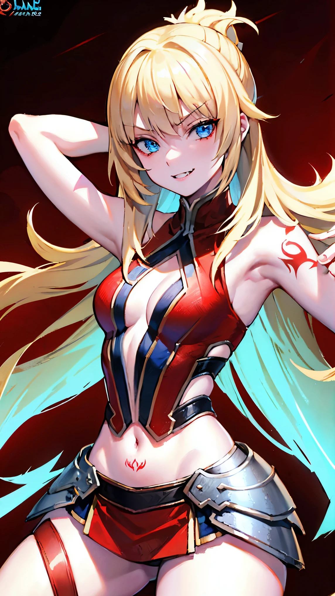 young girl, blonde hair, blue eyes, smirk, fangs, hands behind head, dynamic pose, tattoo, Aoi, Arena of Valor, red clothes, Masterpiece, hiquality, ultra details, HD, 4k
