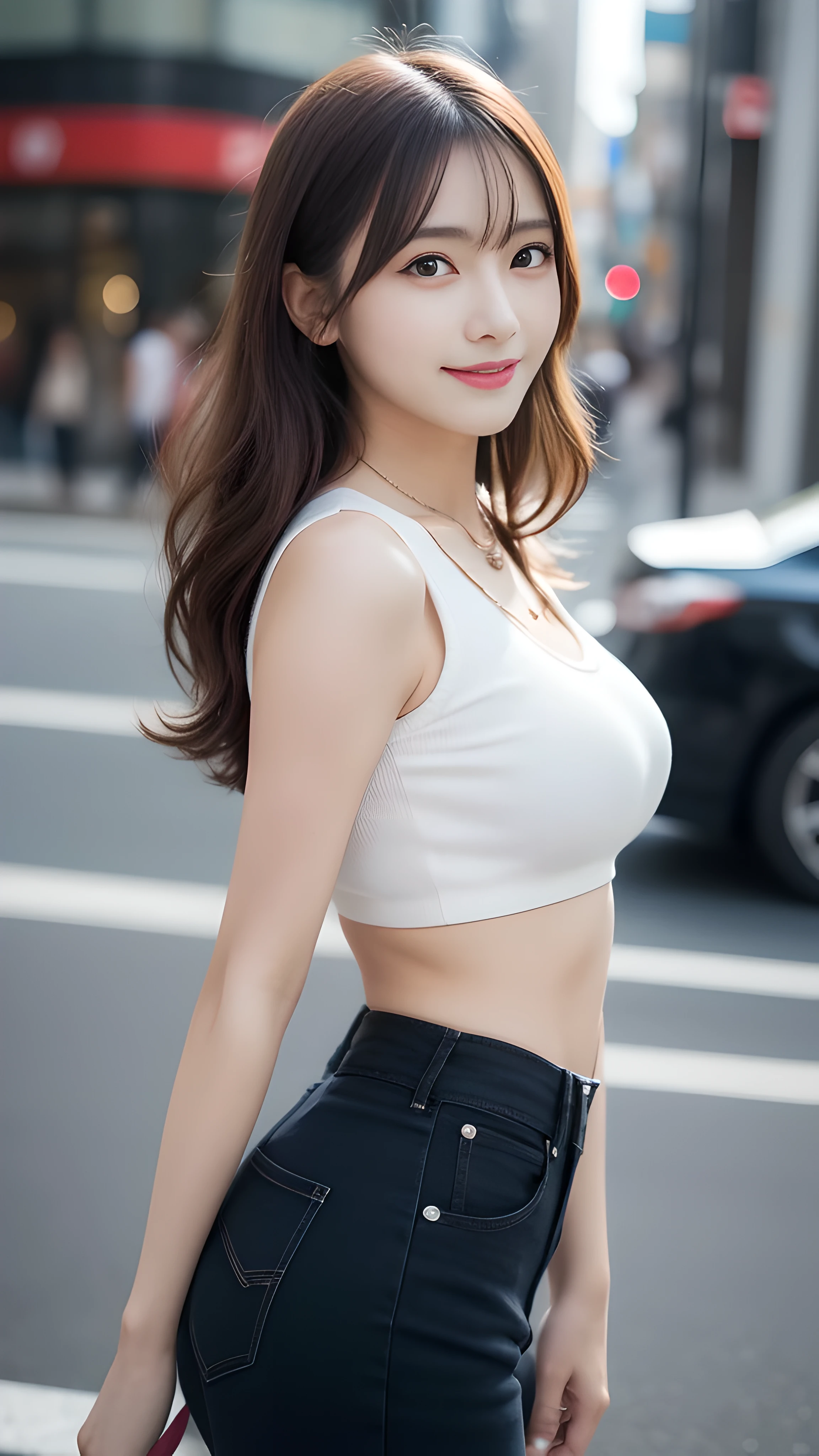 最high quality, shape, Super detailed, finely, High resolution, 8k wallpaper, 完璧なダイナミックな構shape, finelyて美しい目,wavy hair,、natural color lip, bold sexy pose,笑face, 20 year old girl、cute、sexy shot looking at camera,Ultra-realistic raw photos, hostess&#39;face、Clothes season is random, high quality、surreal、healthy、笑face、Slender perfect shape、beauty of japan、 necklace、perfect eyes beautiful skin、Upper body、The location is Shibuya, very thin waist, people々focus perfectly on, 