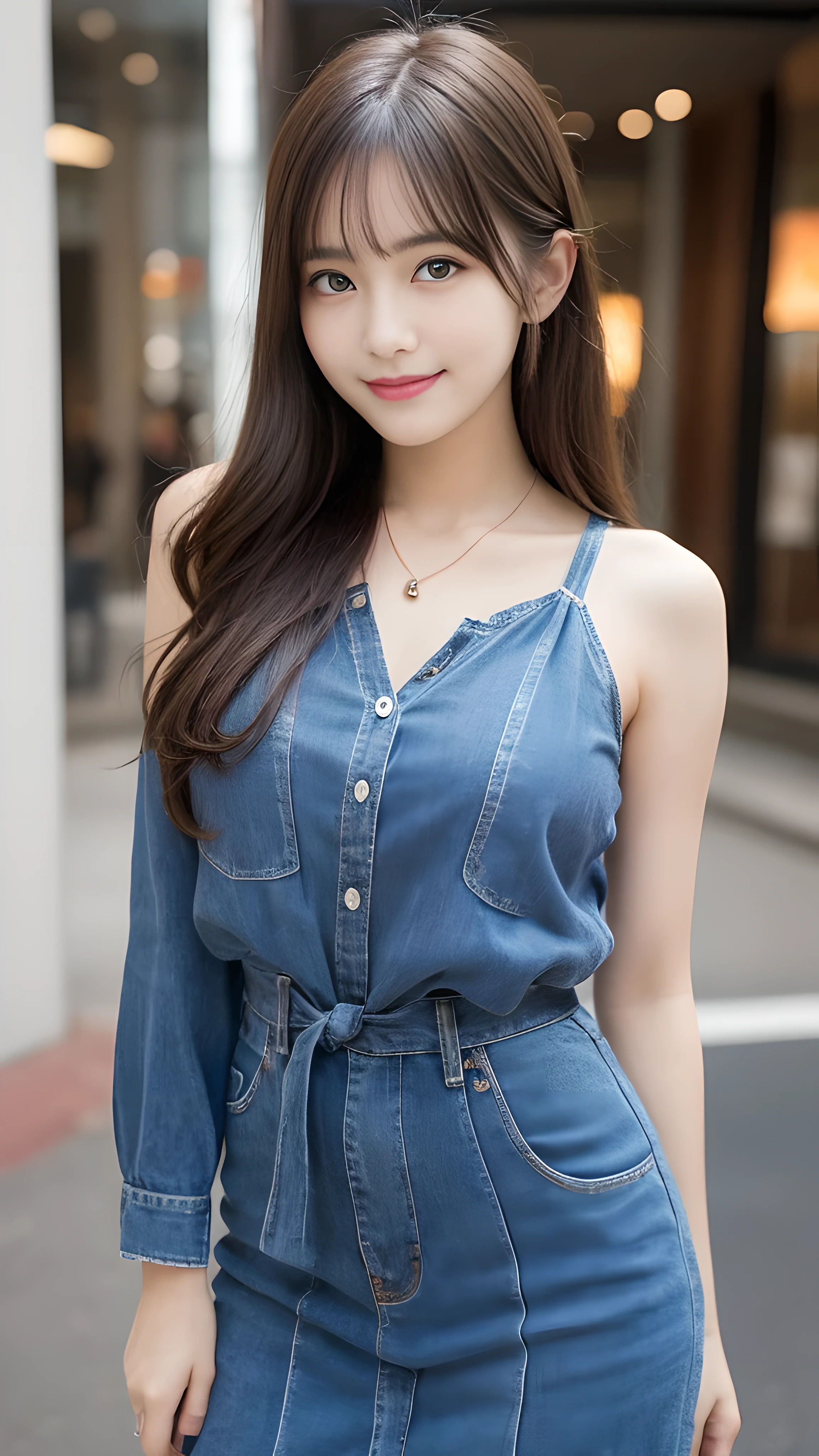 A very cute 20-year-old girl who looks as young as a -yeld id Smiling Kindly、I can see your chest, Denim mini skirt,Tha, Full body portrait, Natural light,  Accurate,  Anatomically correct,  Textured skin,  front lighting,  f/1.0mm,  fujifilm G FX 50R,  Regina Display,  Super Detail,  Attention to detail,  high quality,  最high quality,  High resolution, Real、Realスティック、Raw photo、Genuine、masterpiece、1080p,  hard disk,  4K,  8k, ギThaヒロイン, Let's Rock, Solo singer,live