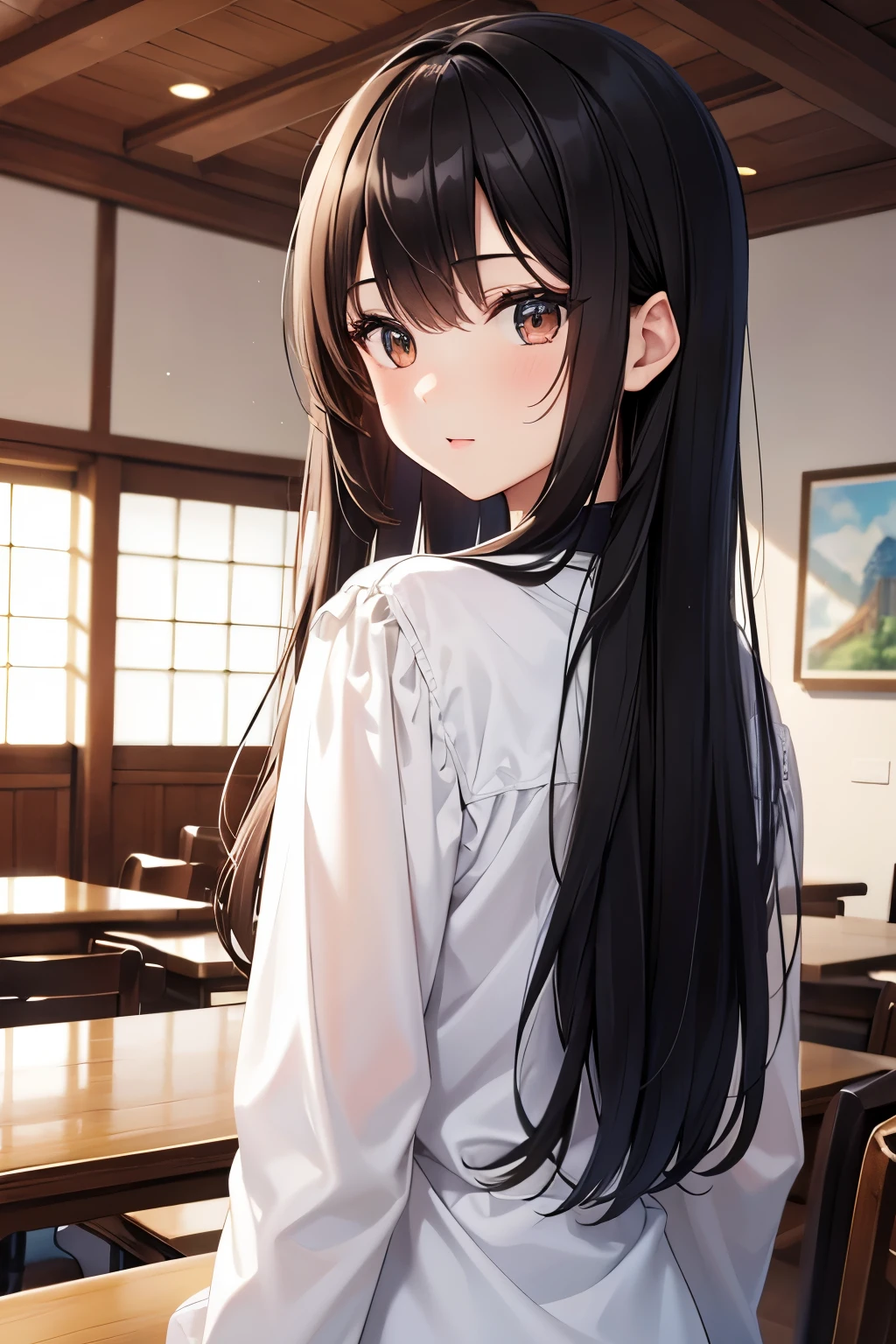 ((highest quality)),(ultra high resolution),(Super detailed),(detailed description),((best CG)),(best work of art),super precision art,great drawing art,(Art with precise details:1.5), Portrait:1.6,bust shot:1.4,(1 woman:1.5),beautiful and well-shaped face:1.5、 Japanese、girl,Slender、small face、brown eyes、tall、 highres,black hair、long hair、classroom、(white blouse:1.2)、17 years old、Are standing、Mature、cat face