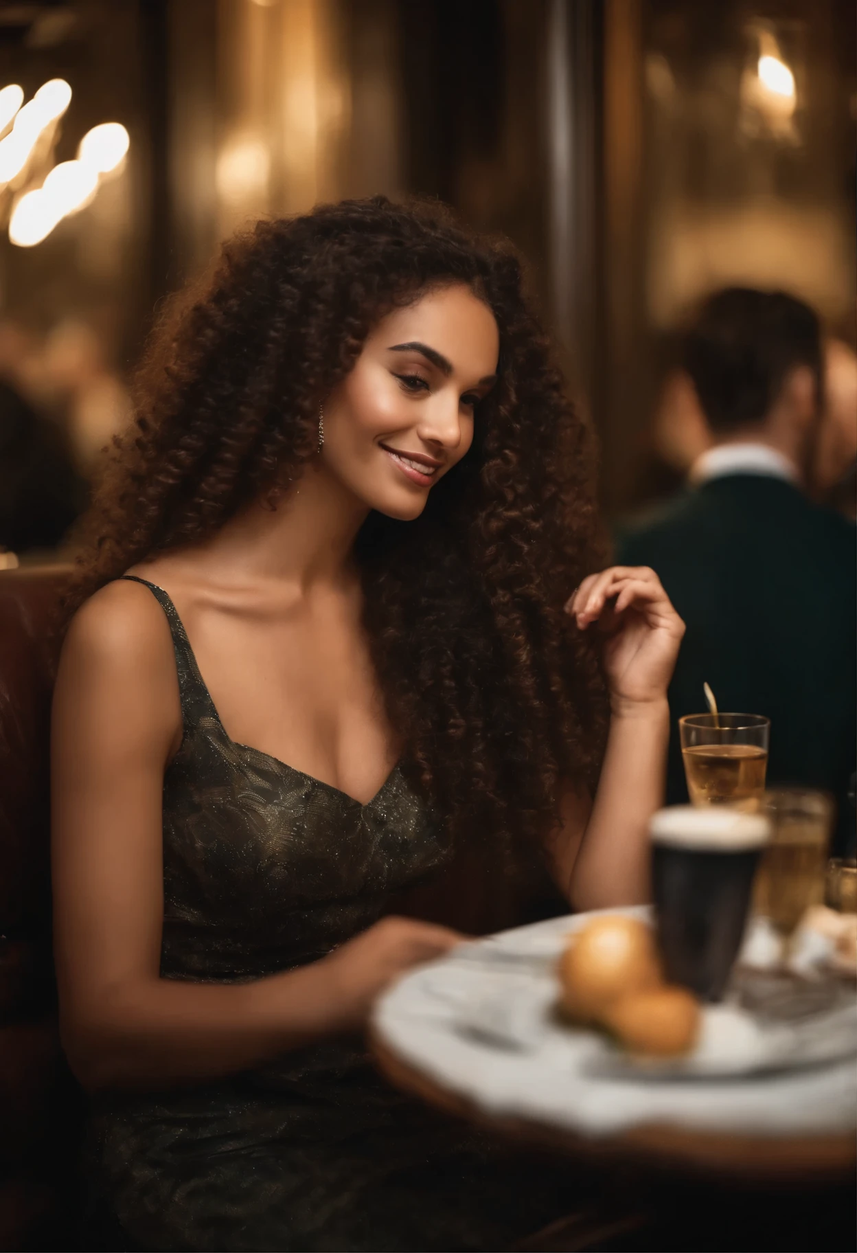 photo of young woman with very long thick curly hair, birthday party, cake in a pub with a big smile, the dress should be sexy from brand dolce and gabbana and the background should be ultra luxury
