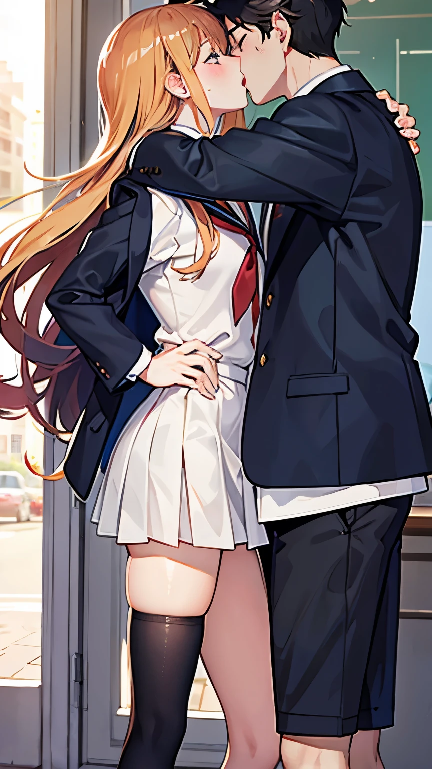 Kissing scene, masculine boy with cute girl, in school uniform, in front of the Windsor, shining from side, kiss mouth to cheeks, anime