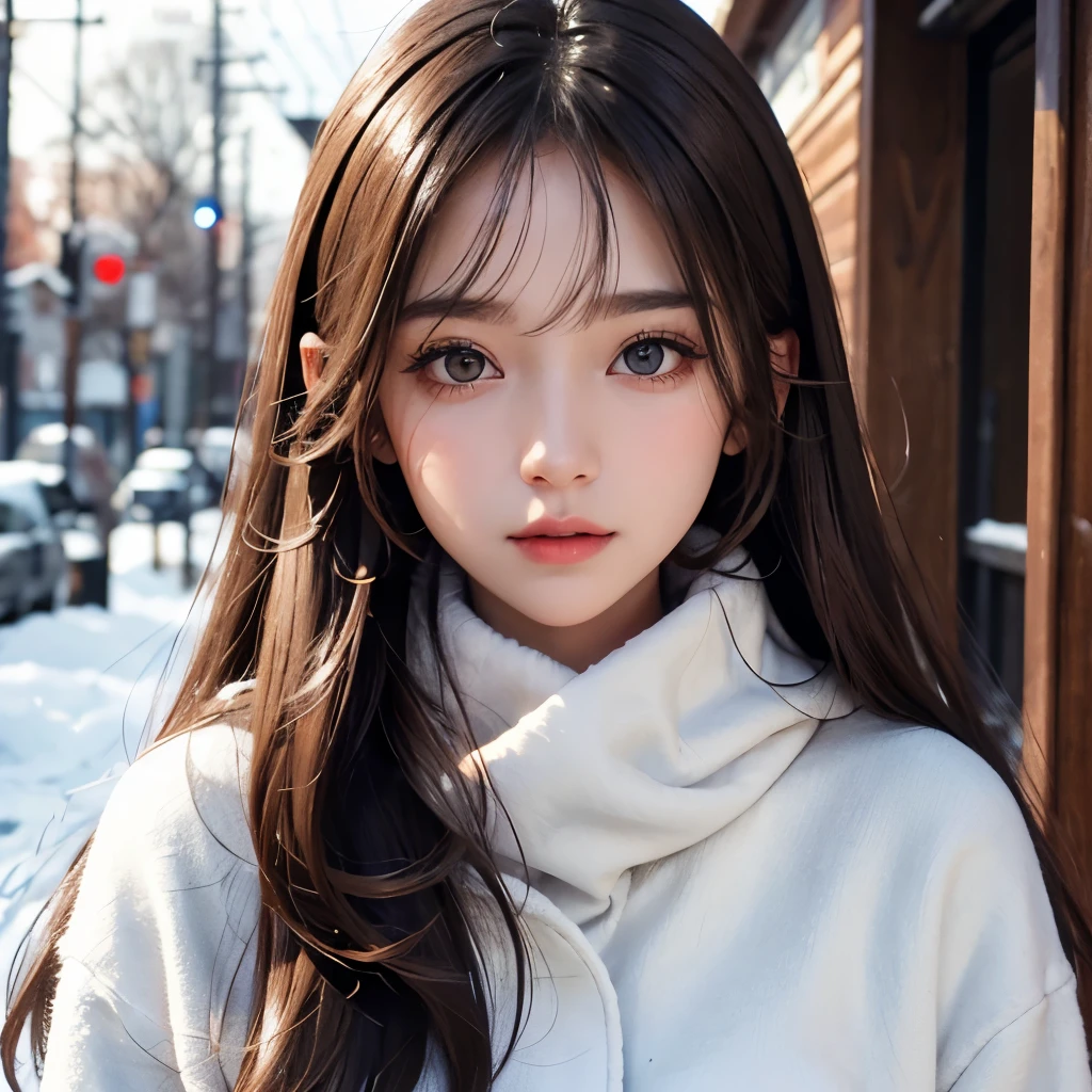 Girl, long soft brown hair, gray eyes, sharp features, white skin, winter style