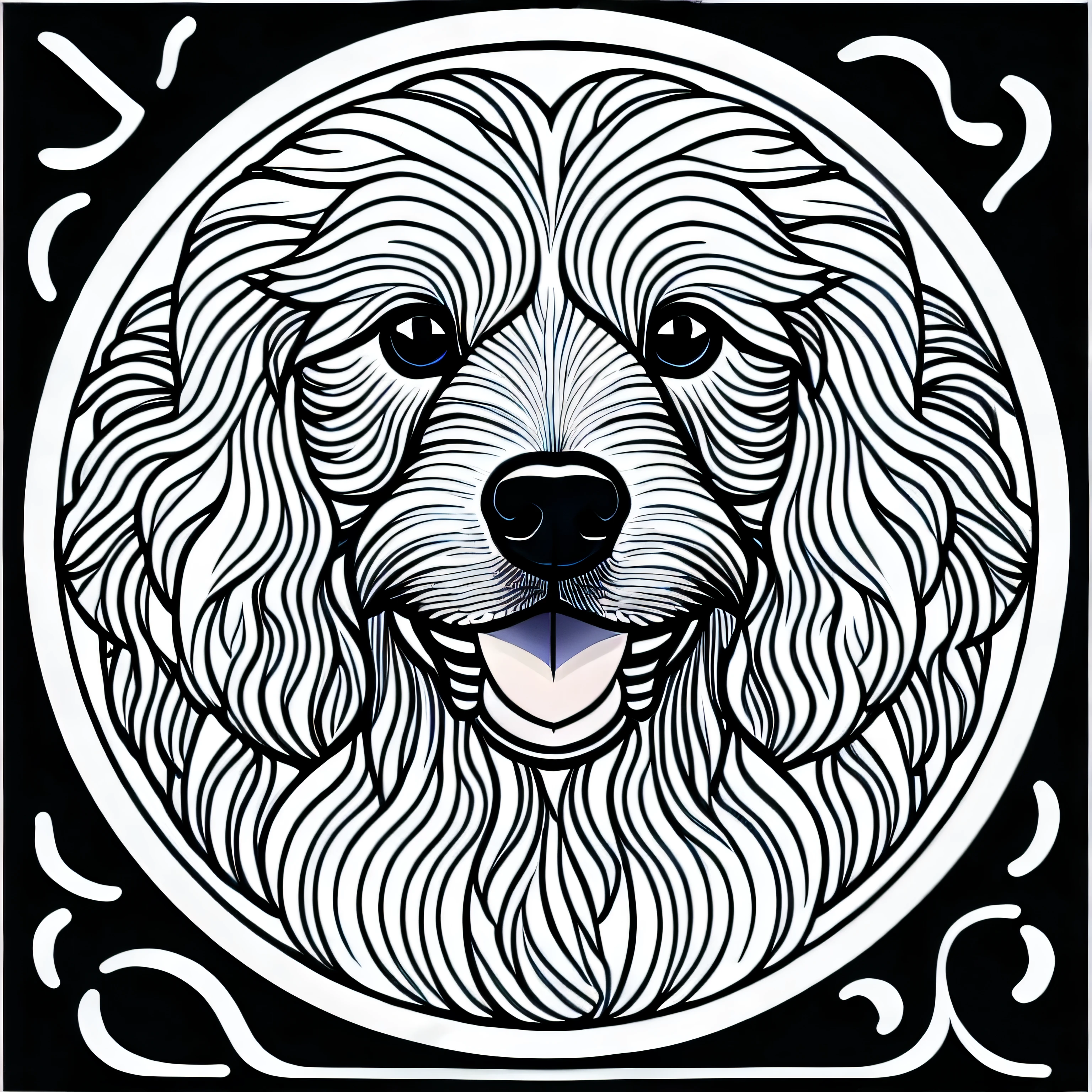 a dog style Poodle, fantasy, magical, mystical, unusual, black and white, no black fill color, wavy lines, realistic line art drawing, coloring book page, no noise, sharp thick lines, contour art, centered image, isolated on a white background