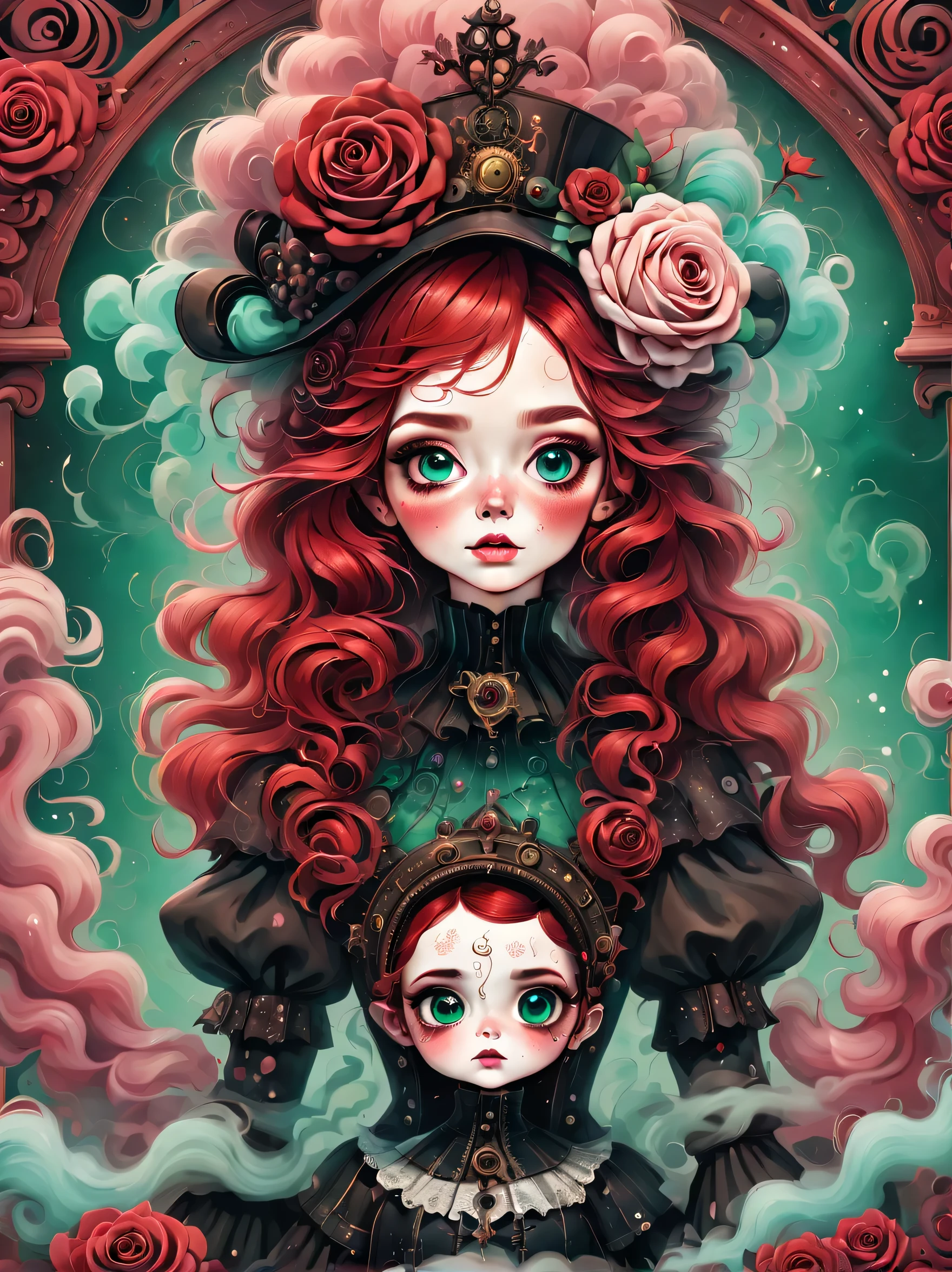 best quality,masterpiece:1.2,detailed details,puppet,big eyes,small freckles, Halloween dresses,Red hair,Gothic,蒸汽朋克Gothic维多利亚风格, dark, psychology, Surrealism, sublimation, subconsciousness, mood, enthusiasm, pink、White and red details, Rose background,Green smoke from hair, Blue smoke background, Soft red and blue light,bright,Hand bones,bone decoration