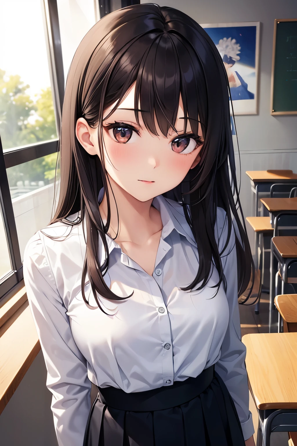 ((highest quality)),(ultra high resolution),(Super detailed),(detailed description),((best CG)),(best work of art),super precision art,great drawing art,(Art with precise details:1.5), Portrait:1.6,bust shot:1.4,(1 woman:1.5),beautiful and well-shaped face:1.5、 Japanese、girl,Slender、small face、brown eyes、tall、 highres,black hair、long hair、classroom、(white blouse:1.2)、17 years old、Are standing、Mature、cat face