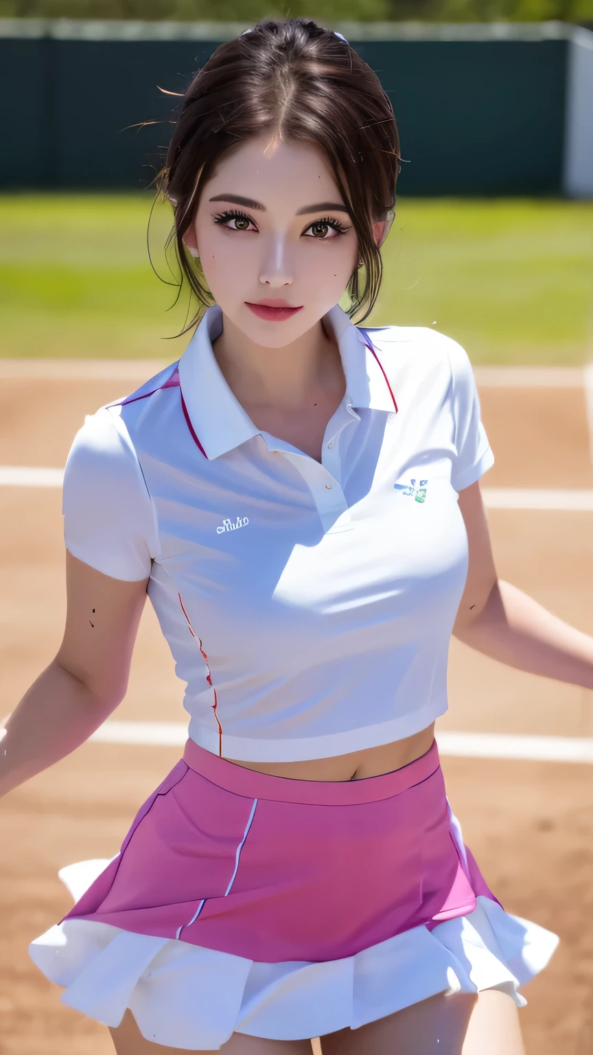 1 girl, solo, white polo shirt, white sneakers, pink tennis wear: 1.3, white mini skirt, masterpiece, top quality, realistic, hyper detail, (glossy skin, sweaty: 1.4), absurdity, camera gaze, short black hair, brown eyes, slender, dynamic lighting, high resolution, sharp focus, depth of field, detailed eyes, sharp eyes, realistic eyes, (big: 1.2), (Thick Thighs: 1.0), Outdoor, Sky, Korean Idol, Nogizaka Idol, Gravure Idol, Actress,