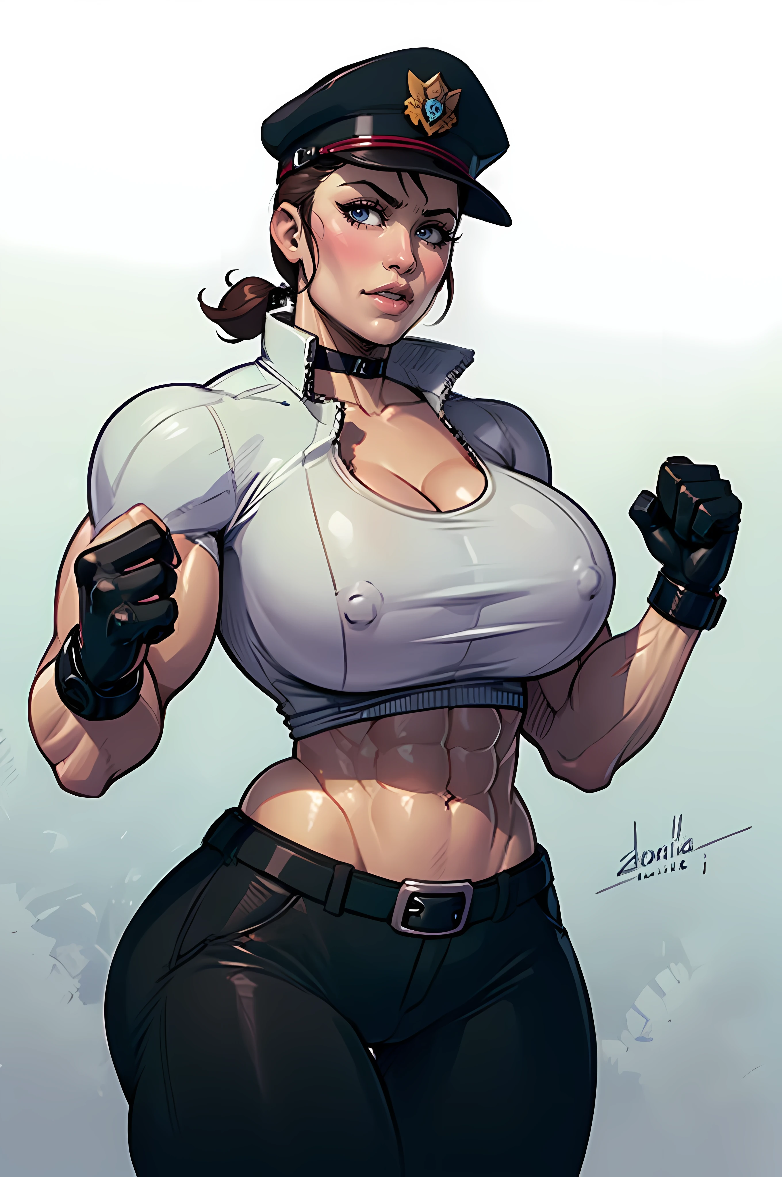 (((((Massive Female Bodybuilder))))), , ,
((((Muscular Quadriceps)))), , ,
((((Huge breasts)))), , ,
1, , beautiful, (masterpiece:1.2), (best quality:1.2), perfect eyes, perfect face, perfect lighting, 1girl, belt, black gloves, black pants, breasts, brown eyes, brown hair, choker, cleavage, crop top, cuffs, fingerless gloves, gloves, handcuffs, hat, highleg, highleg panties, lips, lipstick, looking at viewer, makeup, midriff, navel, panties, pants, peaked cap, police, police hat, police uniform, policewoman, shirt, short hair, signature, solo, teeth, underwear, uniform,