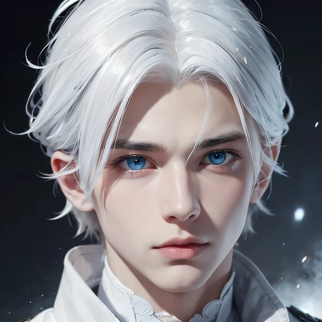 Boy, white hair, blue eyes, serious sharp features, white skin, winter style,