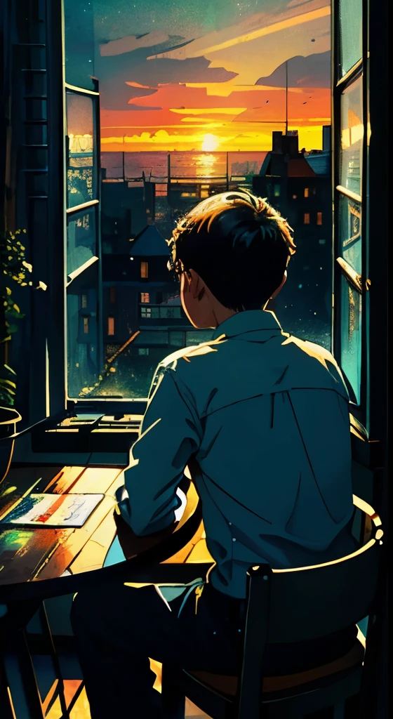 The boy is looking out the window, cozy room, table, bed, many books, paintings, view from back, romantic, view from the window sunset, happiness, full color, multicolored, artificial, highest detail, super quality, small details, glare, neon lights, masterpiece, illustration, daylight, huge room, huge windows, stained glass windows, a man