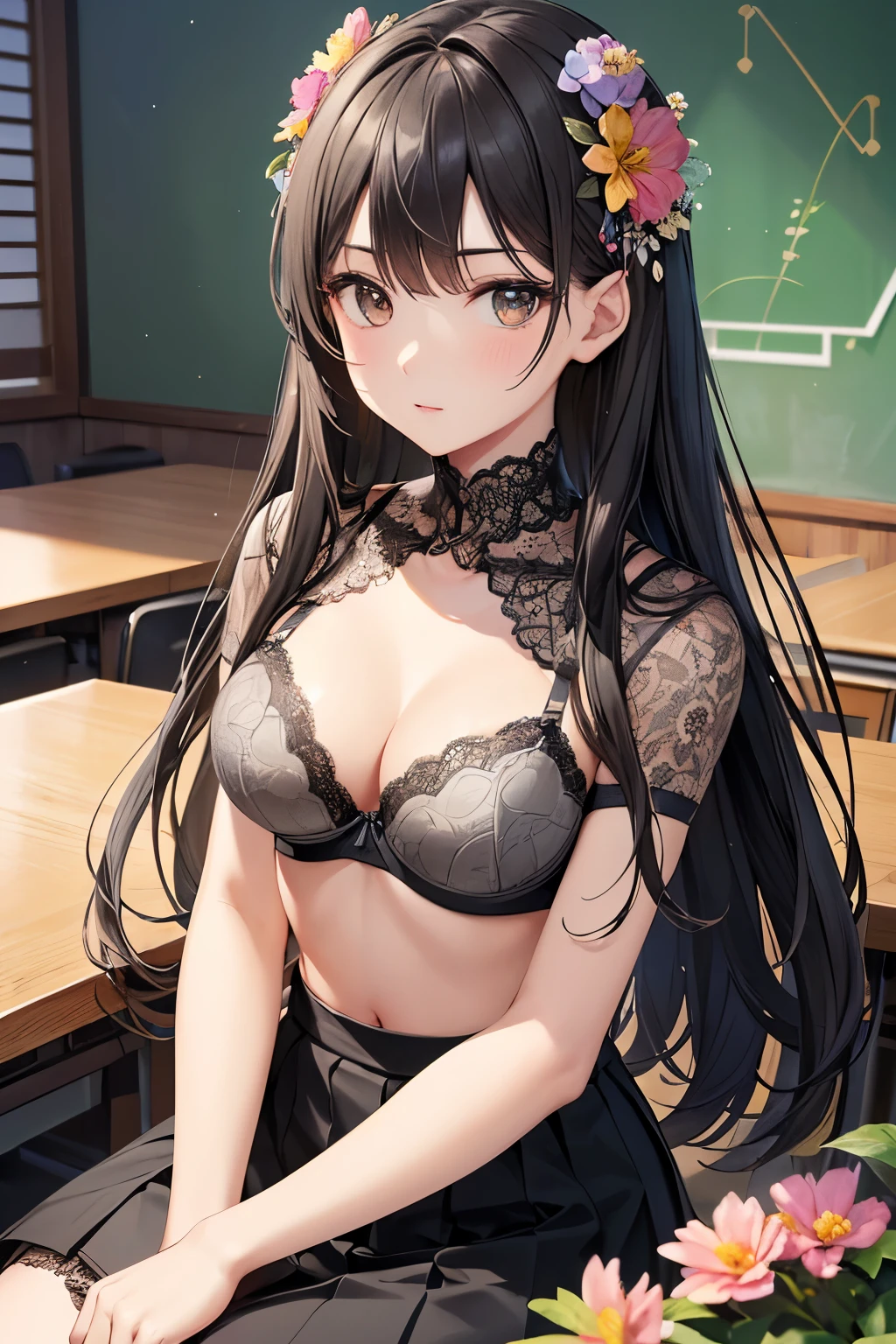 ((highest quality)),(ultra high resolution),(Super detailed),(detailed description),((best CG)),(best work of art),super precision art,great drawing art,(Art with precise details:1.5), Portrait:1.6,bust shot:1.4,(1 woman:1.5),beautiful and well-shaped face:1.5,(gray lace bra with flowers on the chest:1.5)、 Japanese、girl,Slender、small face、brown eyes、tall、 highres,black hair、long hair、classroom、black long skirt、、Sitting at a desk、Mature
