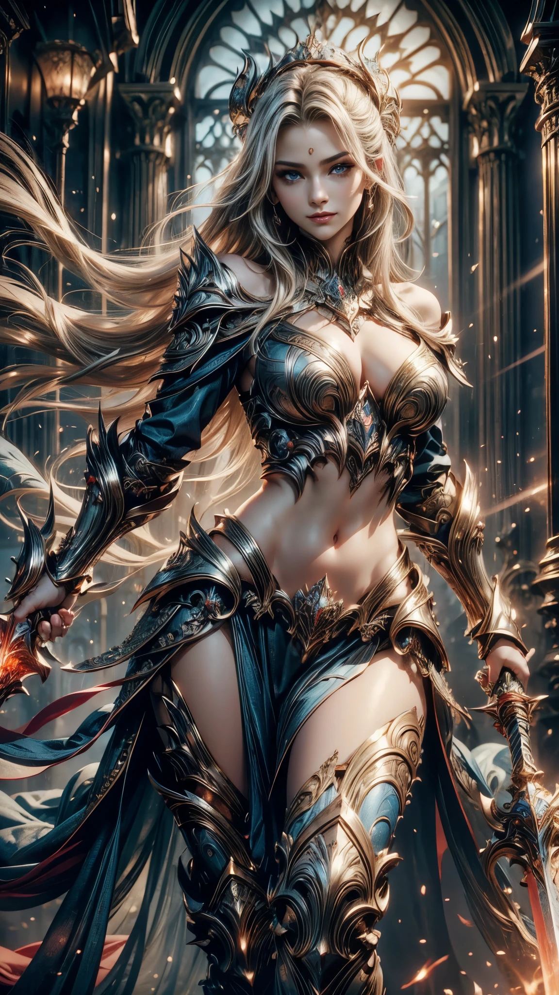 (RAW shooting:1.5, Photoreal:1.5, 8k, highest quality, masterpiece, ultra high resolution), medieval europe, world of magic and swords, perfect dynamic composition:1.2, Mysterious:1.3, Highly detailed skin and facial textures:1.3, cute and sexy slim female warrior, beautiful and aesthetic:1.2, cute and sexy beauty, perfect style, wear elaborate rings, Pose holding a large sword:1.3, fire, water, Wind, thunder, ice, Fair skin, very beautiful face, (Medium chest, Chest gap), (embarrassing smile, The expression on your face when you feel intense caress, Facial expression when feeling pleasure), (sexy gold metallic armor:1.1, off shoulder, Navel exposure), (beautiful blue eyes, Eyes that feel beautiful eros:0.8), (Too erotic:0.9, Bewitching:0.9), full body shot, Ancient castle in the background