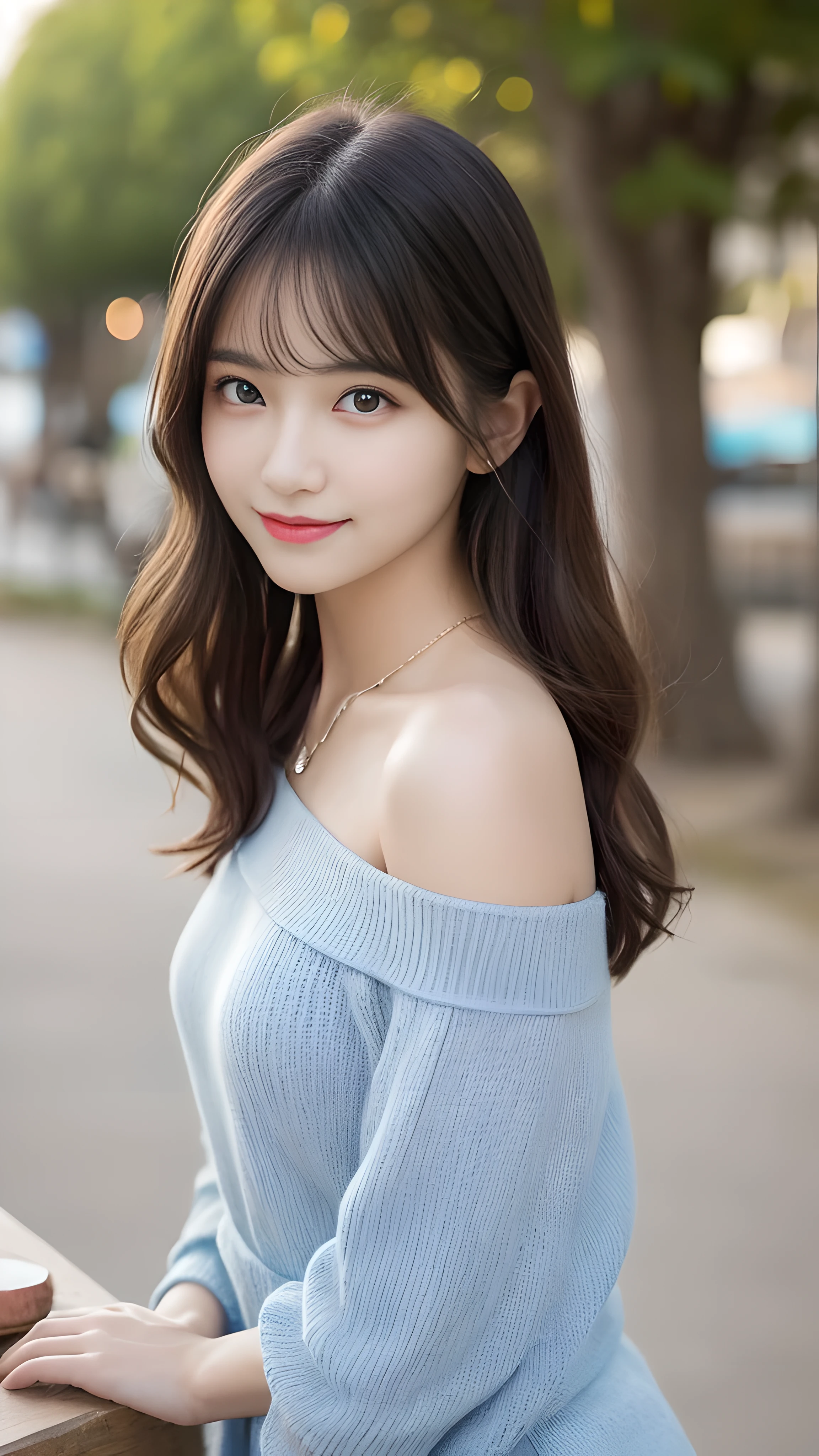 table top, 最high quality, shape, Super detailed, finely, High resolution, 8k wallpaper, 完璧なダイナミックな構shape, finelyて美しい目, off shoulder knit ladies'S fashion,wavy hair,、natural color lip, bold sexy pose,笑face, 20 year old girl、cute、sexy shot looking at camera,Ultra-realistic raw photos, hostess'face、spring clothes, long dress, high quality、surreal、healthy、笑face、Slender perfect shape、beauty of japan、 necklace、perfect eyes beautiful skin、Upper body、The best beach with blue sea, very thin waist, people々focus perfectly on