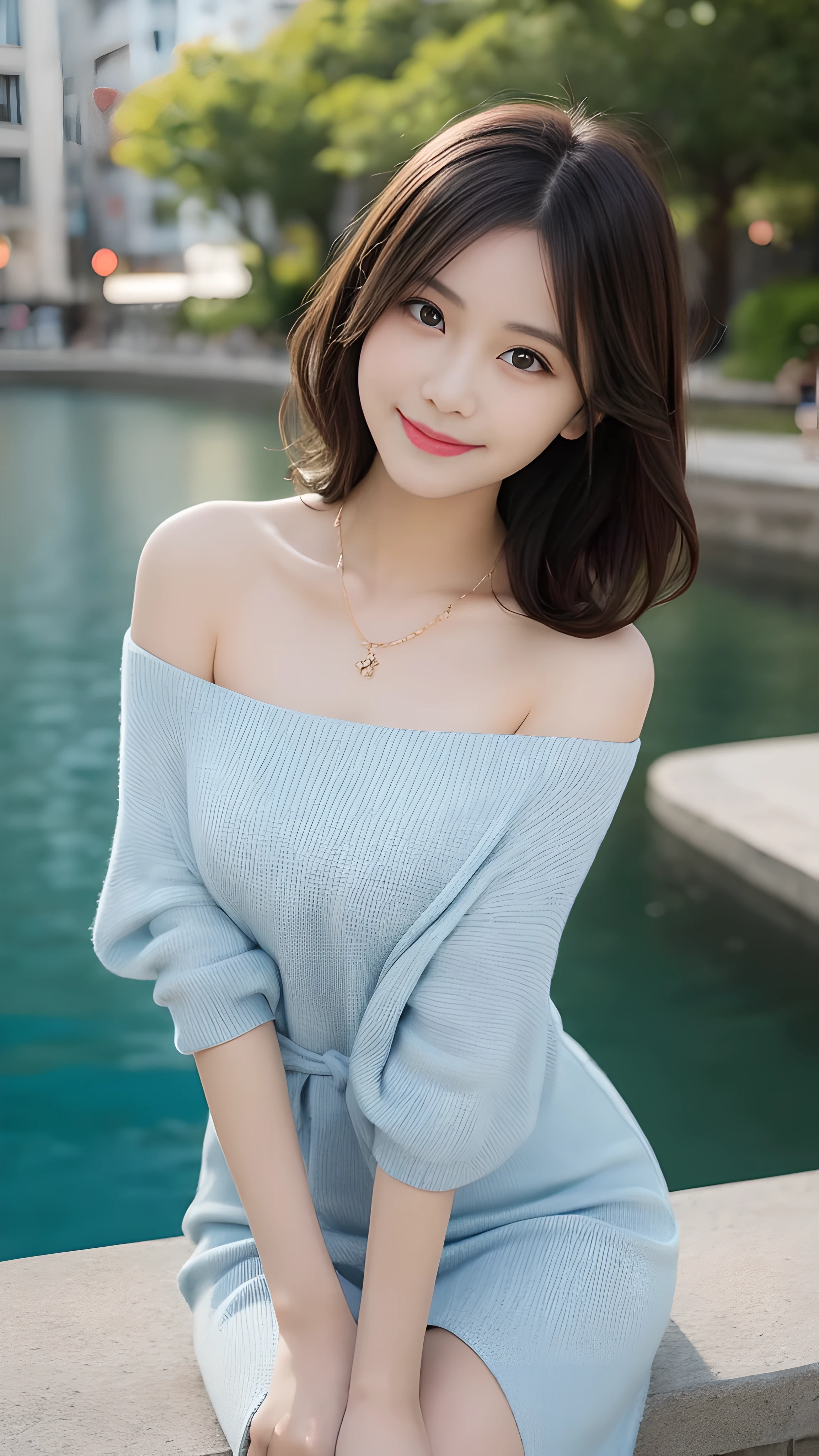 table top, 最high quality, shape, Super detailed, finely, High resolution, 8k wallpaper, 完璧なダイナミックな構shape, finelyて美しい目, off shoulder knit ladies'S fashion,wavy hair,、natural color lip, bold sexy pose,笑face, 20 year old girl、cute、sexy shot looking at camera,Ultra-realistic raw photos, hostess'face、spring clothes, long dress, high quality、surreal、healthy、笑face、Slender perfect shape、beauty of japan、 necklace、perfect eyes beautiful skin、Upper body、The best beach with blue sea, very thin waist, people々focus perfectly on