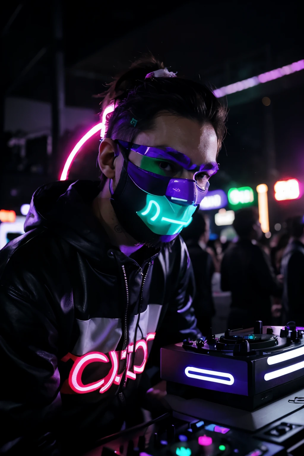 DJ 25 YEAR OLD MAN WITH EDM STYLE MASK FESTIVAL NEON