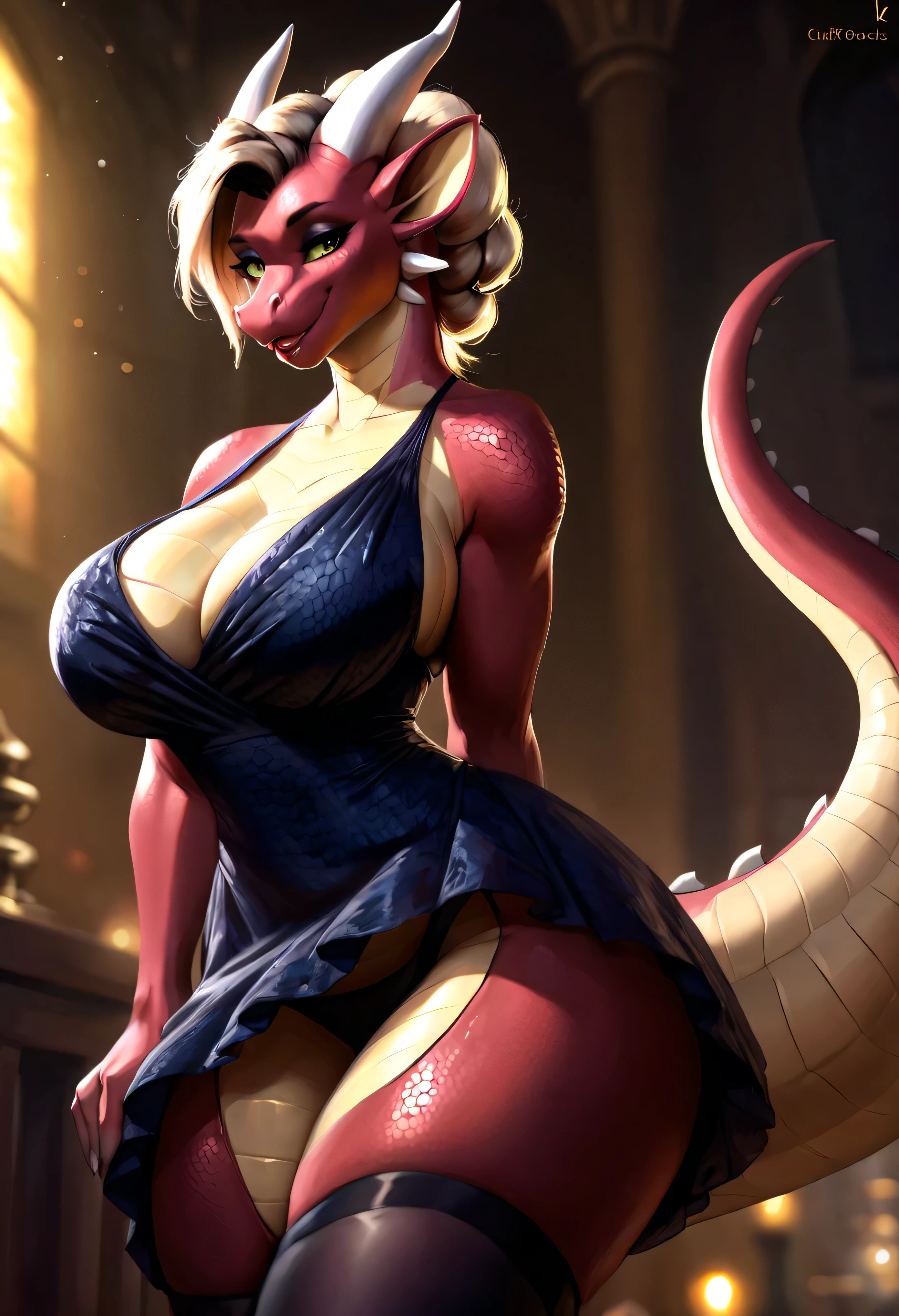 4k highly detailed realistic digital extremely high quality drawing, masterpiece, (by cutesexyrobutts), (uploaded on e621), (a three-quarters portrait of an anthro dragon), (beautiful updo hair), (wearing a revealing dress with stockings), (beautiful and detailed eyes: 1.1), scales, (bimbo, lips), seductive, sexy, voluptuous, curvy body, cinematic lighting, (f1.8 short focus bokeh)