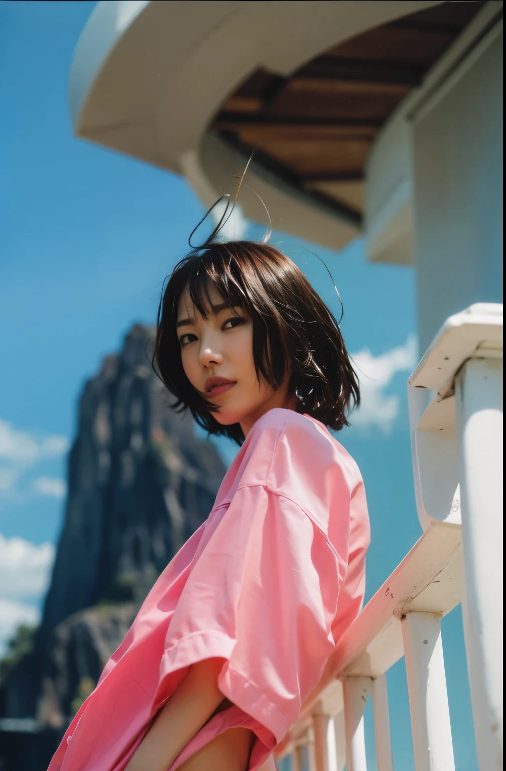 arafed woman in pink shirt standing on a white railing, taejune kim, janice sung, in style of petra collins, kiko mizuhara, sun yunjoo, jinyoung shin, sha xi, petra collins, portrait of jossi of blackpink, lofi girl, kim hyun joo, with short hair, album art, portrait a woman like reol