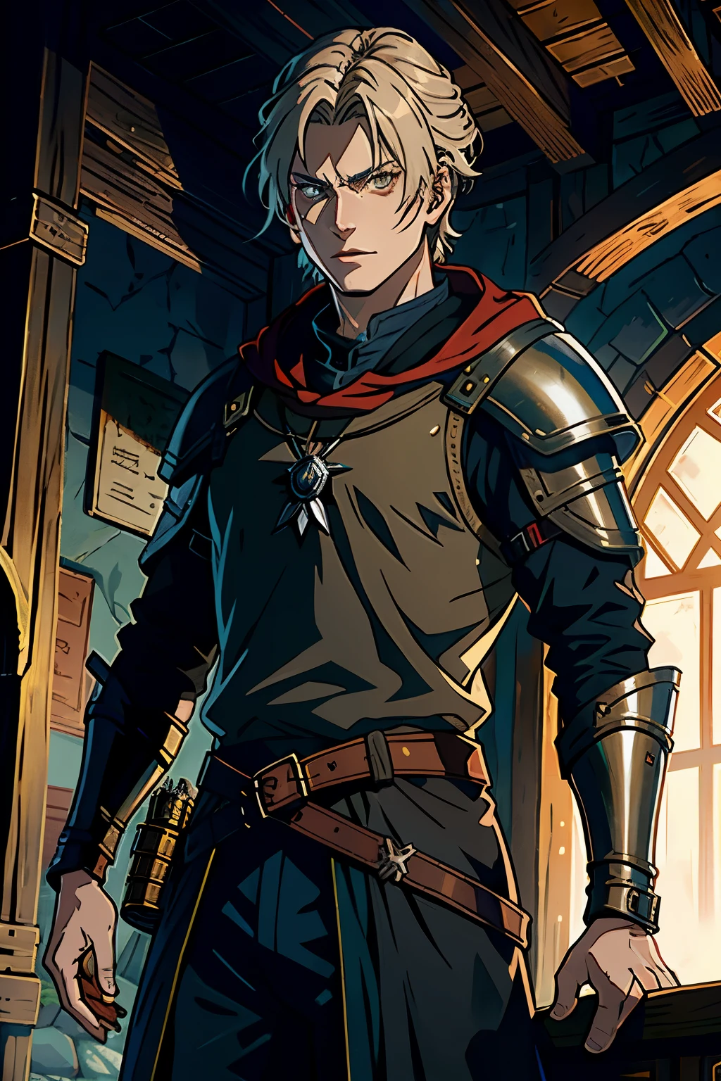 junger Mann, light armor, braune Haare, rote Augen, aus der The Witcher Welt, Anime Stil