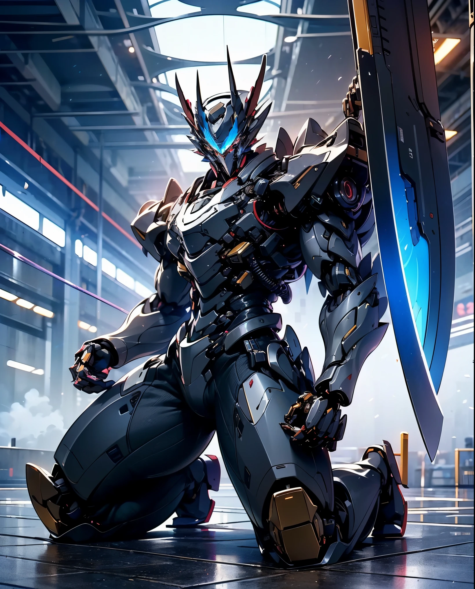 1BOY, SOLO, WIDE BODY SHOT, BLUE ARMOUR WITH BLACK ACCENTS, WEARING CASUAL FULL PANTS, KNEELING WITH ONE ONE LEG, (BLUE AURA AROUND HIM:1.4), (MECHA HELM:1.4), (DRAGON GUARD ARM, GLOVES), (WHITE, BLACK), (MECHA CYBER SHINY ARMORED SUIT, A PAIR MECHANICAL ARMOR:1.4), (MUSCULAR BODY:1.3), (MUSCLE ABS:1.2), (LOOKING AT VIEWER:1), (SWINGING A GIANT SWORD IN A FIGHT:1.3), PHYSICALLY-BASED RENDERING, ULTRA HIGHT DEFINITION, 8K, 1080P.