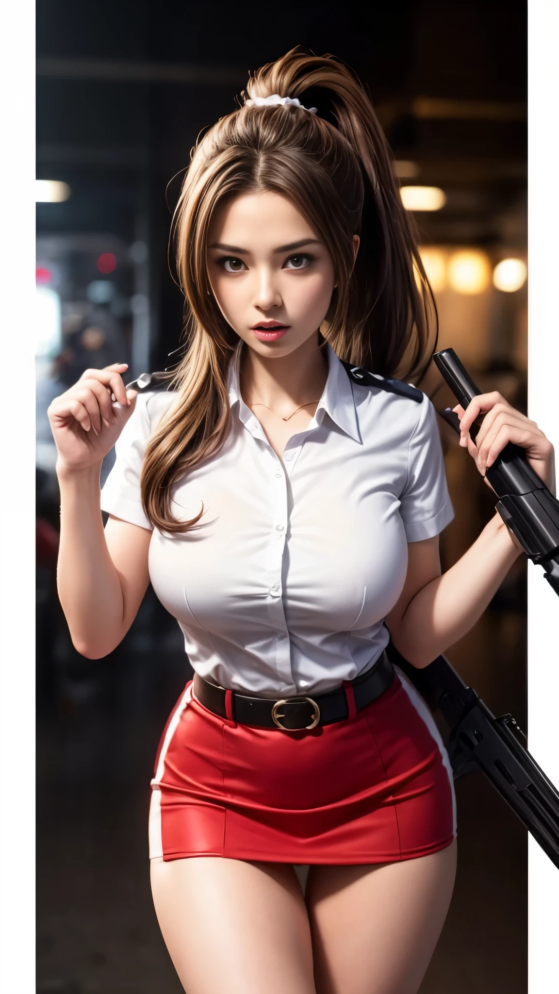 1 girl，long brown hair，high ponytail，18 years old，extremely beautiful face，red eyes，The expression was slightly angry，police uniform，short skirt，Stand on split legs，Hold a gun in both hands，shooting spectator pose，动态lewd poses，huge :1.5，Fair skin is shiny，masterpiece，8k，cowboy shots