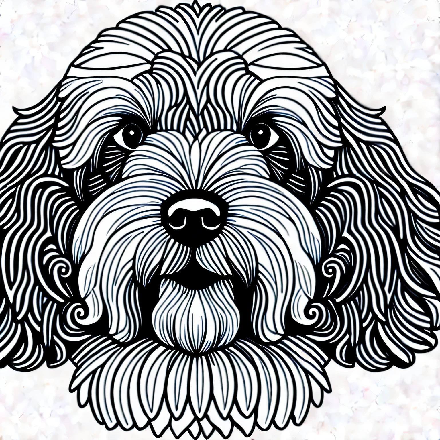 a dog style Poodle, fantasy, magical, mystical, unusual, black and white, white background, white fill color, wavy lines, realistic line art drawing, coloring book page, no noise, sharp thick lines, contour art, centered image, isolated on a white background