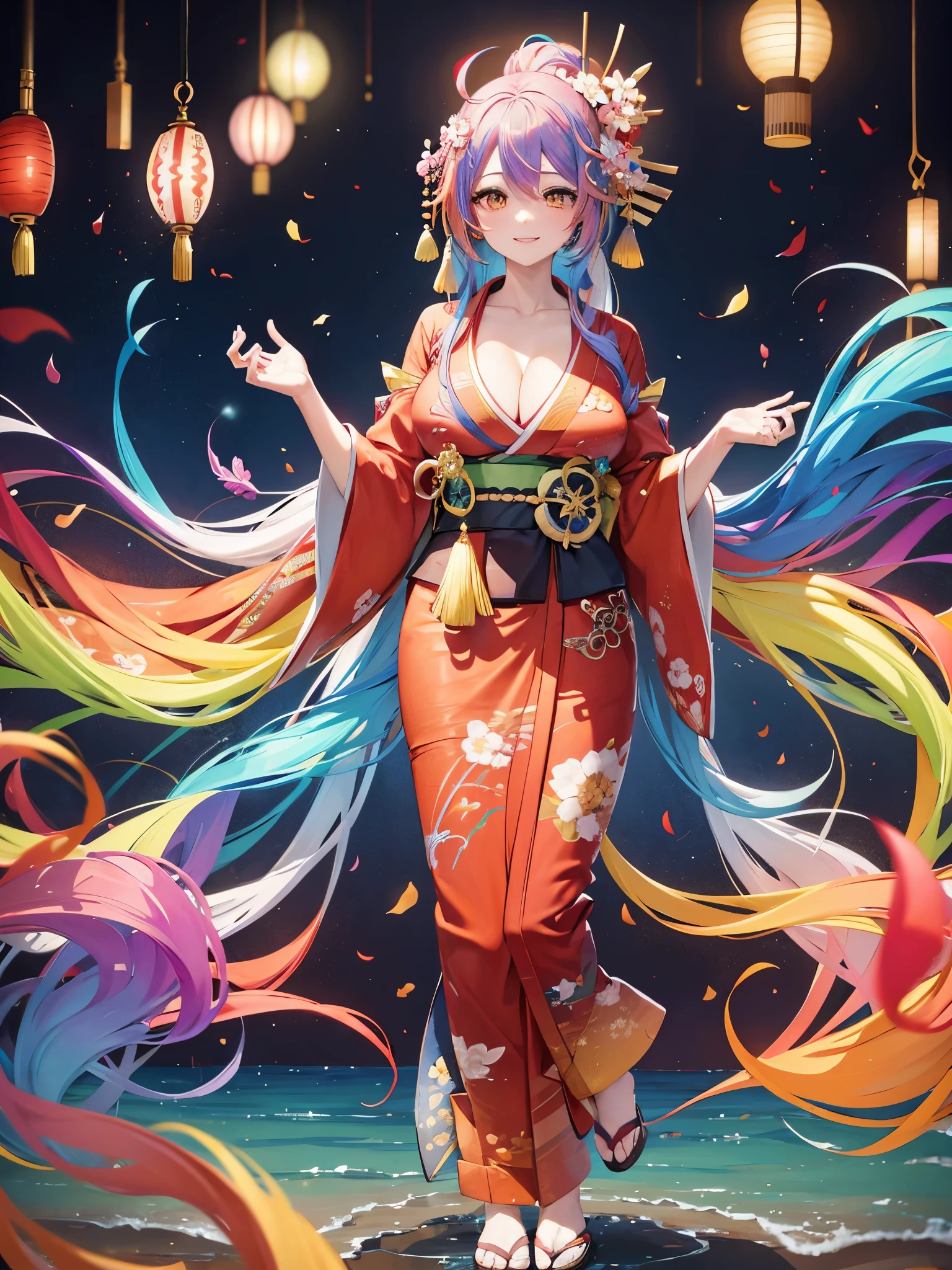 Playing in the tide,Luxley, Split color hair, Wind, Flying petals, stainedglassai, ornamental, Intricate details, dufkova, 8K, Super long hair,Big braid ponytail,Ahoge, Wavy,(colorful kimono:1.5),Rainbiu color kimono, Girl's geisya,alraune,flower, alraune,(colorful colorful clothes:1.9),(gigantic huge tits:1.3),Gentle smile,See audience view,Charming smile,