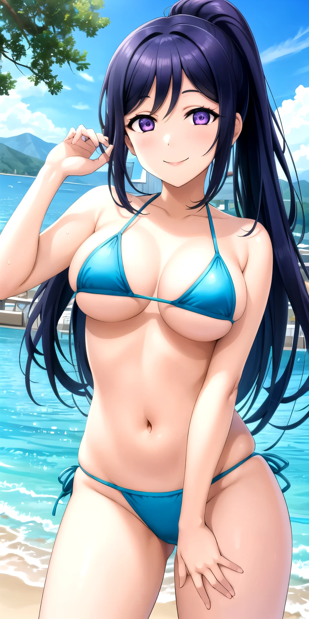 (masterpiece, highest quality, super detailed), (figure), (detailed and beautiful eyes), (1 girl), (alone), matsuura kanan, blue hair, purple eyes, high ponytail, rest outdoors, (goldmetallic verymicrobikini)、looking at the viewer, cowboy shot, smile,  better hand, perfect hands, (five fingers),spread legs,((transparent nippleansuji))、cumshot,cumshot,cumshot,metallicmicrobikini、Creampie、semen、semen、Bukkake