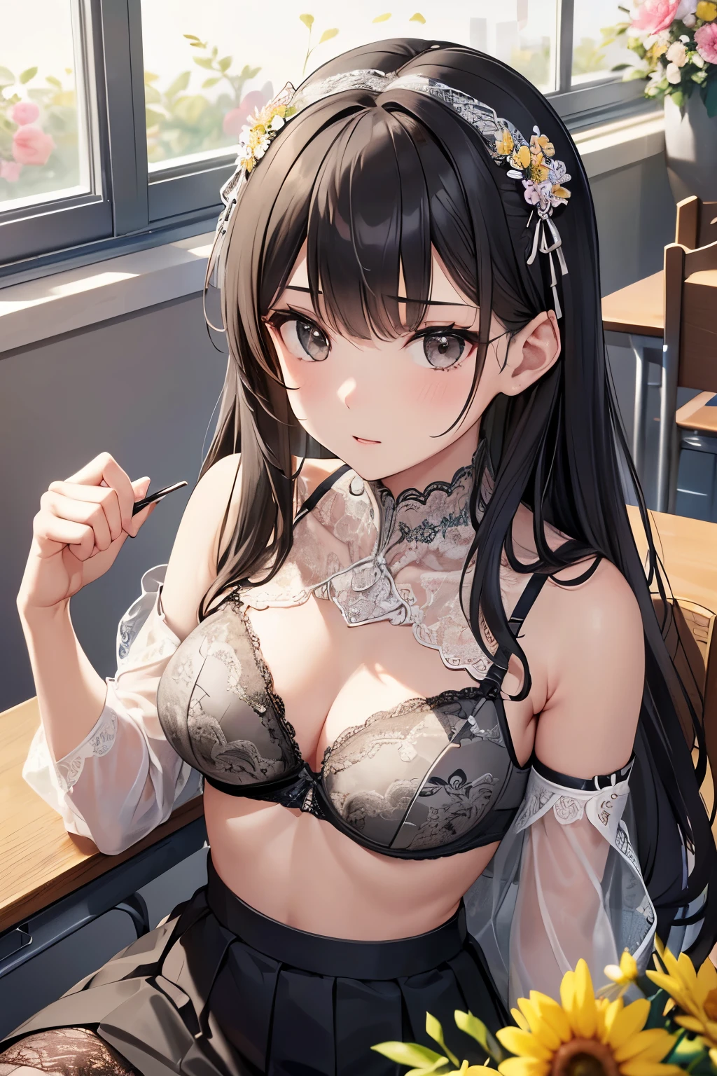 ((highest quality)),(ultra high resolution),(Super detailed),(detailed description),((best CG)),(best work of art),super precision art,great drawing art,(Art with precise details:1.5), Portrait:1.6,bust shot:1.4,(1 woman:1.5),beautiful and well-shaped face:1.5,(gray lace bra with flowers on the chest:1.5)、 Japanese、girl,Slender、small face、brown eyes、tall、 highres,black hair、long hair、classroom、black long skirt、17 years old、Sitting at a desk、Mature