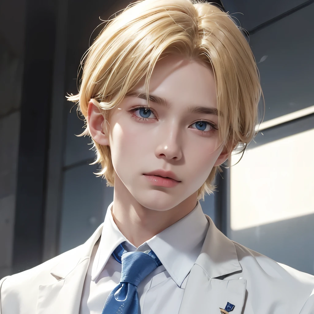 Boy, blonde hair, blue eyes, sharp features, white skin, formal school uniform