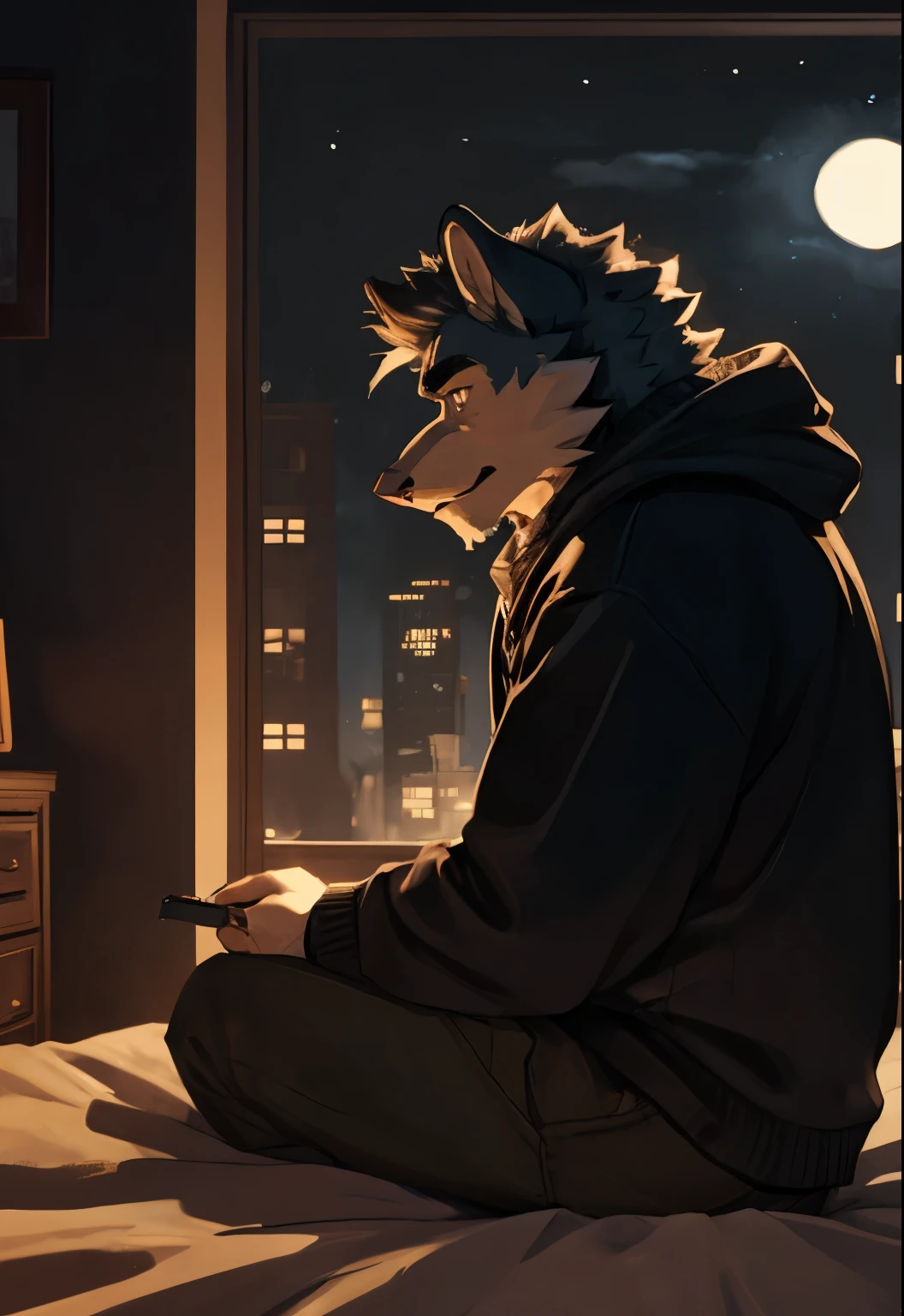 (masterpiece:1.2), best quality,pixiv,official art,perfect anatomy, (Ray tracing, light),solo, (1_male:1.3) , (muscle), (grey fur:1.4), (muscle bear), (beard:1.2), (gleaming golden eyes), bear tail, Thick black eyebrows, (open hooded parka) , (naked inside:1.2), cargo pants, (boots:1.2), in the skyscraper, indoor , apartment , fur carpet , cushion , rest on floor