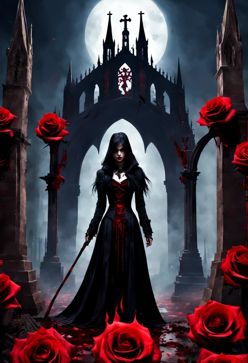 （Messenger from hell：1.4），cross，one个巨大的吸Blood鬼，View of sickle from below，hell，magma，flame，（紫色flame：1.3），There is fresh Blood on the ground，Blood pool，dripping Blood，Gothic aesthetics，one、Rose、castle、cross、Blood、churchyard，gothic style的神秘、solemn and profound，gothic style，gothic style蕾丝的衣服、象征浪漫的Rose、grave、吸Blood鬼、witch、ruins、gothic cathedral，Gothic symbols series
