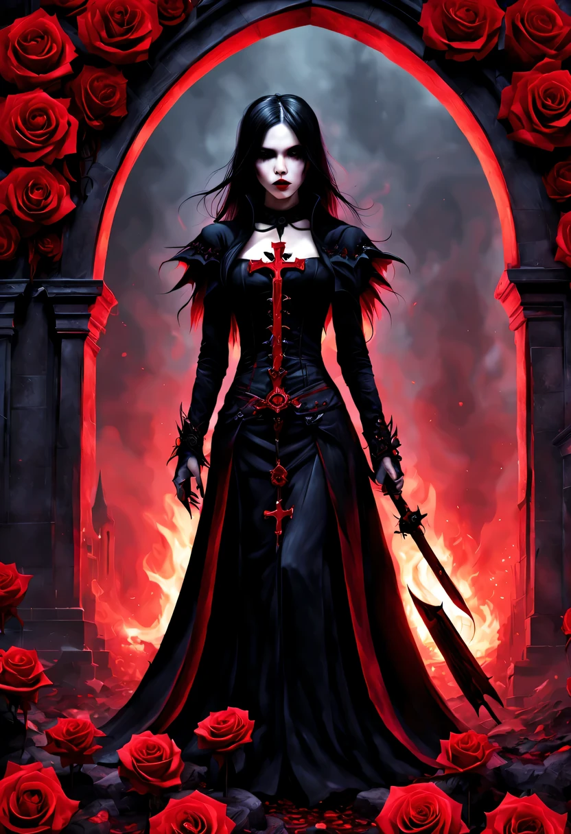 (Messenger from hell:1.4),cross,one个巨大的吸Blood鬼,View of sickle from below,hell,magma,flame,(紫色flame:1.3),There is fresh Blood on the ground,Blood pool,dripping Blood,Gothic aesthetics,one、Rose、castle、cross、Blood、churchyard,gothic style的神秘、solemn and profound,gothic style,gothic style蕾丝的衣服、象征浪漫的Rose、grave、吸Blood鬼、witch、ruins、gothic cathedral,Gothic symbols series
