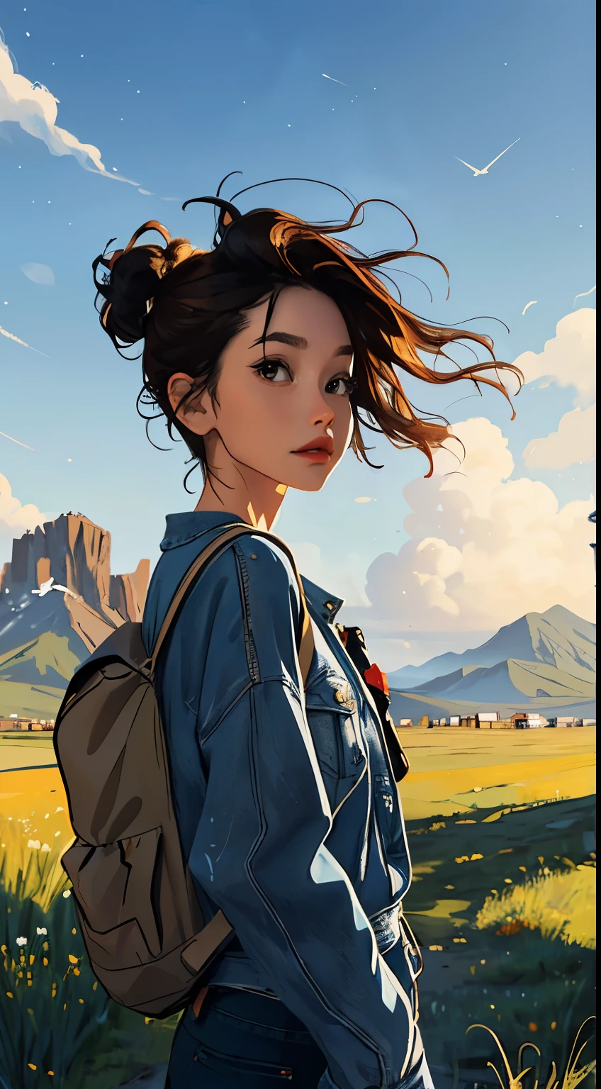 (Beautiful and magnificent skyline, Majestic sky), (extremely intense and dramatic paintings, moving visual effects), (high hanging Polaris, Colorful natural light), (1 girl), (Long-sleeved top, denim shorts, carrying a backpack), (dynamic pose:1.3, Black eyes, black hair, Hime style haircut, Sparkling Girl)[:0.8], (big meadow), (Headwind), (brown hair and background coordination effect: 1.2), (close-up, distant plan: mix and match)[::0.9]