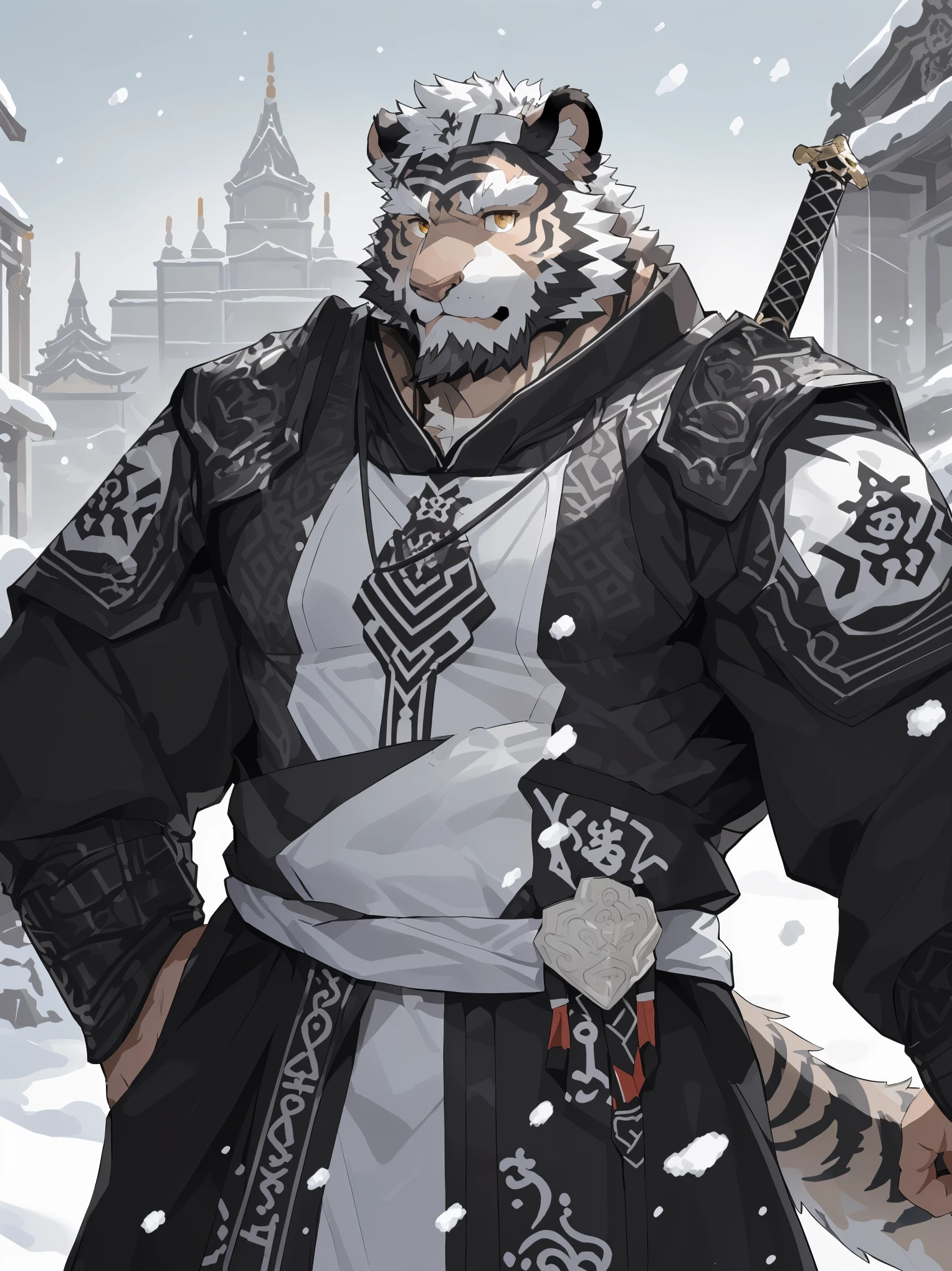 (white skintiger),(黑白阴阳general古代战袍),(Holding a long sword),Powerful posture,Standing calmly,(The background is a city covered with ice and snow:1.2),(abdominal muscles),heroic posture飒爽,完美的masterpiece,Various facial details,distance perspective,specific description,masterpiece,cg,(golden eyes),Black and white pattern,black and white tail,general,heroic posture,tiger,Black and white fur,Concrete facial details,Half body,(黑白阴阳general战履),(Chang Ling),((middle aged)),(face focus),(16k),HD,black and white belly,temple,beard,(Face lines),Different pupils,(Black and white yin and yang ancient war robe),(black and white hair),(Strong:1.2),(muscle:1.3),(high resolution:1.3),(Standing in front of the city covered with ice and snow),(Close up),(Detailed face:1.5),Perfect details,(Half body),(Detailed depiction of the face:1.5),(Zoom in on face:1.5),(白色Face lines:1.2),(黑色beard:1.3),(white face;1.6),white body,(white skin，black strips:1.3),(White cheeks:1.5),(The skin color on the face is white:1.3)