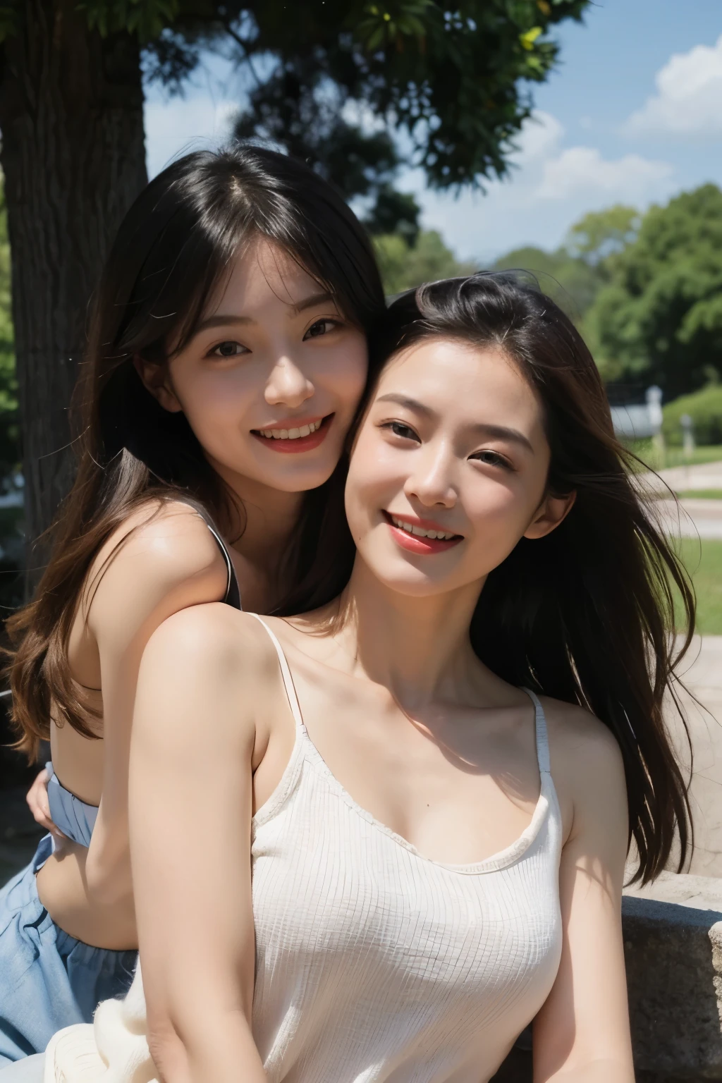 ancient roman ruins,Landscape in the style of Poussin,smile,,Sweet and seductive appearance.、Caravaggio's paintings、Chiaroscuro of Caravaggio、hair blowing in the wind,Two women having fun,cute smile, expression of ecstasy,Sexy style,Erotic