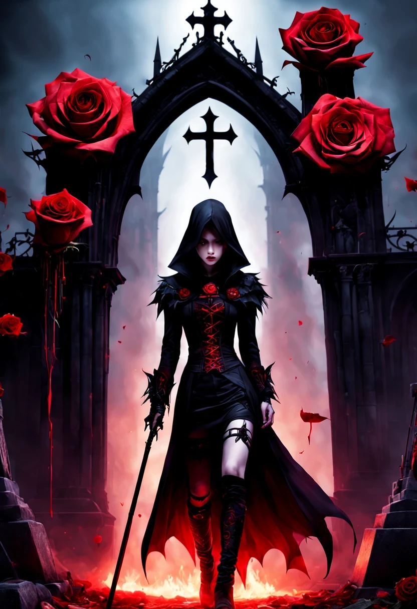 (Messenger from hell:1.4),cross,one个巨大的吸Blood鬼,View of sickle from below,hell,magma,flame,(紫色flame:1.3),There is fresh Blood on the ground,Blood pool,dripping Blood,Gothic aesthetics,one、Rose、castle、cross、Blood、churchyard,gothic style的神秘、solemn and profound,gothic style,gothic style蕾丝的衣服、象征浪漫的Rose、grave、吸Blood鬼、witch、ruins、gothic cathedral,Gothic symbols series