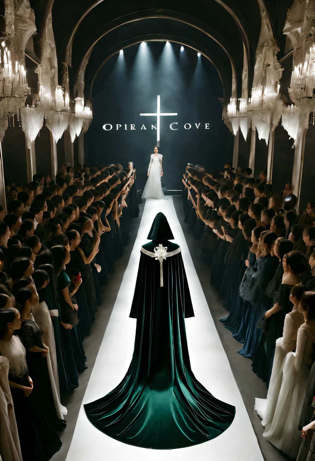 (International fashion week fashion show scene),beautiful model,gothic art,Dream,Use the Glow Photography Style,
collar,reveal without revealing,curve,纵向thin and long,Gorgeous,Black色丝绒
廓形:fit and tight,Acute triangle,straight line,streamline,shoulder color:Black,red navy,dark,dark green,Various solid color fabrics:velvet,satin,lace,net,PVC,eraser,leather pattern:cross,lace,badge,rose flower elements:Opera style capes and tall capes,thin and long,华丽curve,Religious elements。reveal without revealing,sharp corner shape,
background:Medieval castle style interior catwalk design
