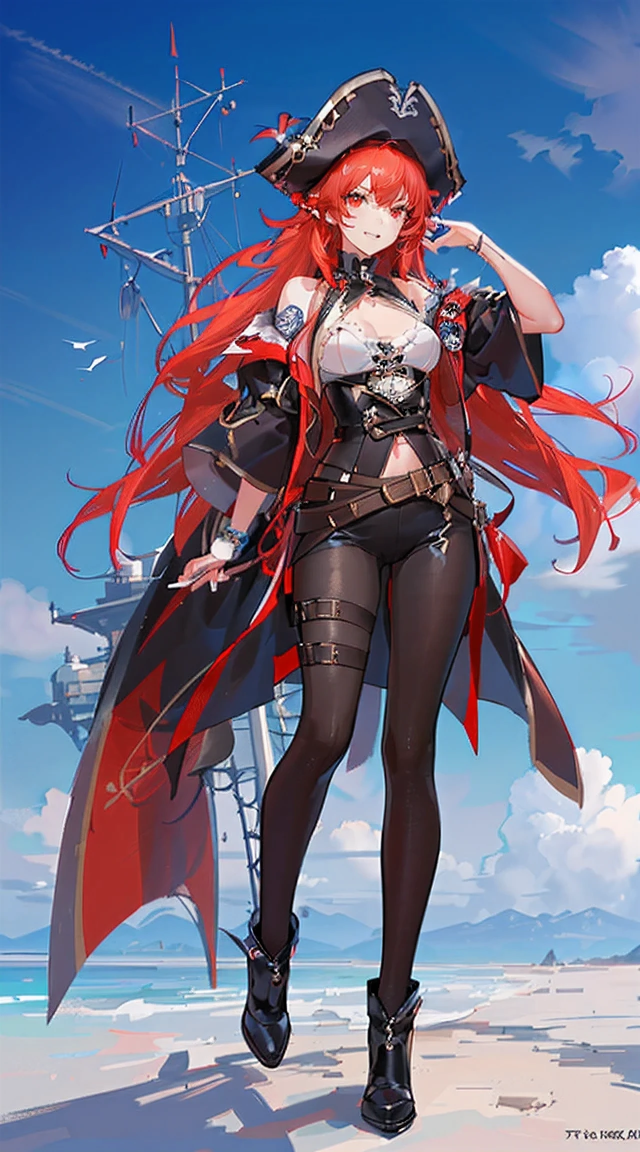 expensive, long red hair, red eyes, （delicate and beautiful features），（carefully drawn eyes，detailed pupil），wolf ears, wolf tail, smile, teeth, Open fuselage, tattoo, pirate hat, Pirate Pants, anchor, 8k, hd, Excellent in every detail、bust shot、８K、 (masterpiece、highest quality、super fine)