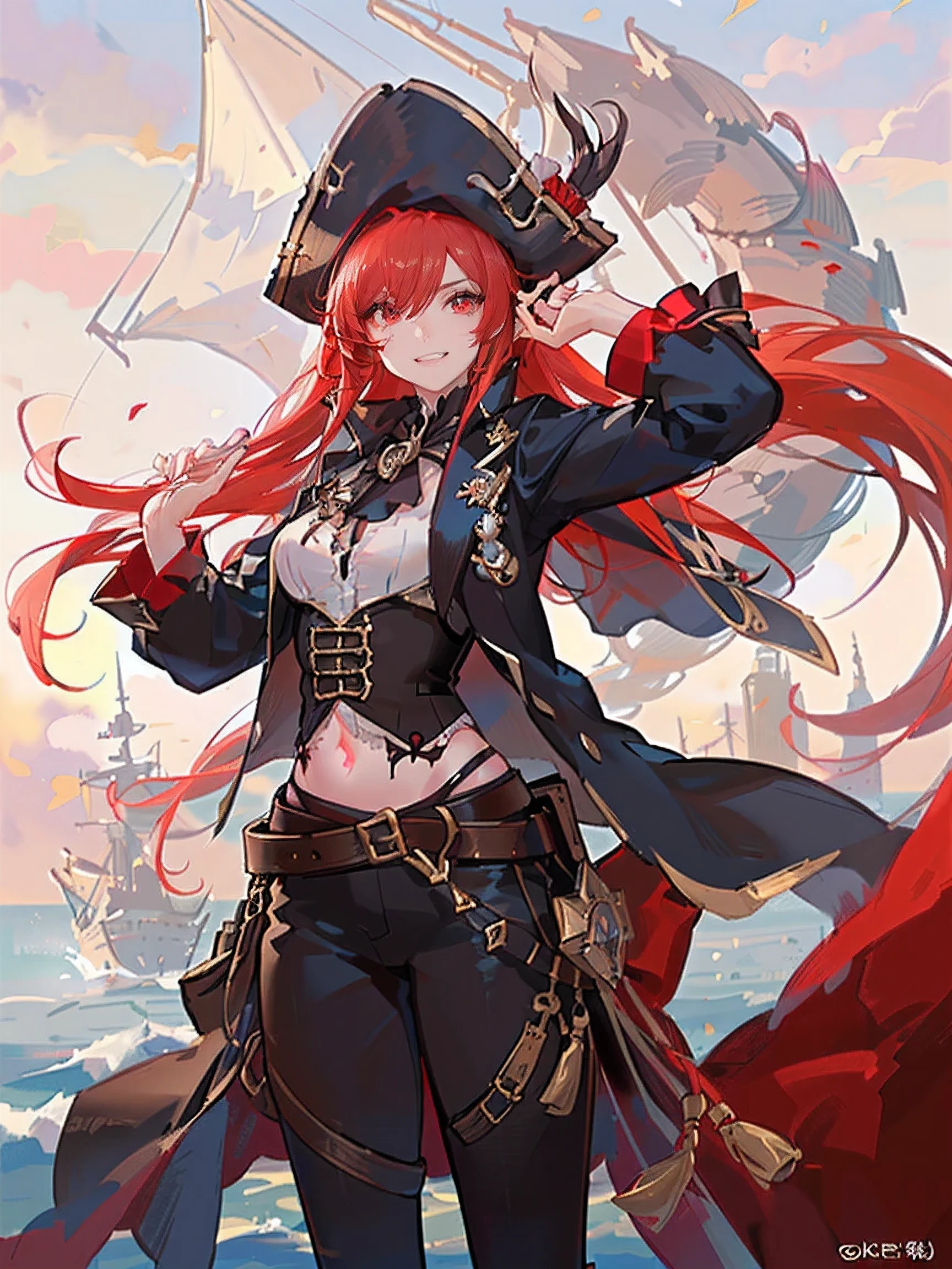 expensive, long red hair, red eyes, （delicate and beautiful features），（carefully drawn eyes，detailed pupil），wolf ears, wolf tail, smile, teeth, Open fuselage, tattoo, pirate hat, Pirate Pants, anchor, 8k, hd, Excellent in every detail、cowboy shot、８K、 (masterpiece、highest quality、super fine)