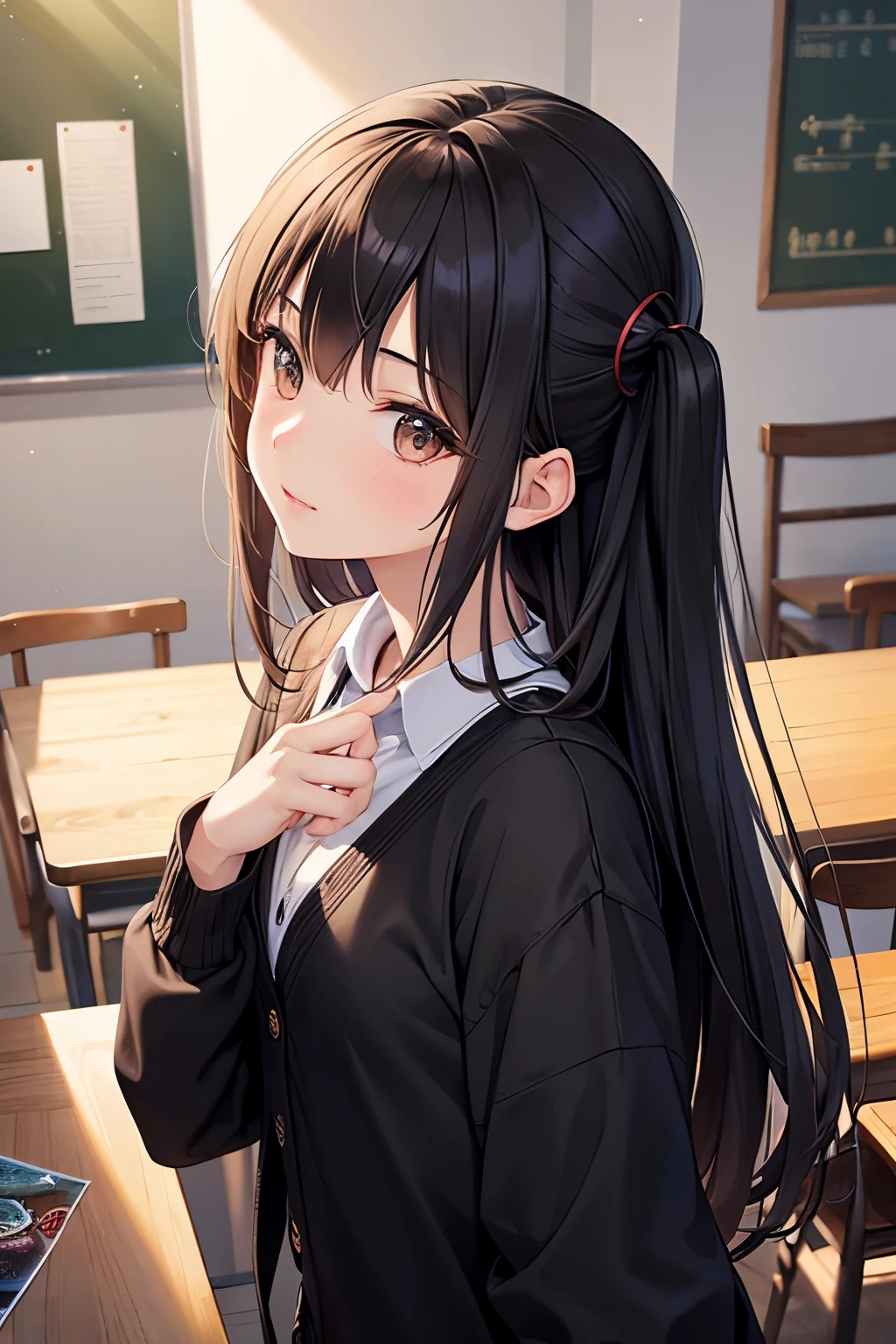 ((highest quality)),(ultra high resolution),(Super detailed),(detailed description),((best CG)),(best work of art),super precision art,great drawing art,(Art with precise details:1.5), Portrait:1.6,bust shot:1.4,(1 woman:1.5),beautiful and well-shaped face:1.5、 Japanese、girl,Slender、small face、brown eyes、tall、 highres,black hair、long hair、classroom、white blouse、(black cardigan:1.2)、17 years old、Are standing、Mature