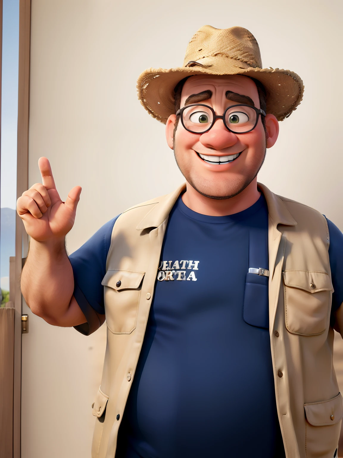 obra de arte, melhor qualidade, um homem largo sorriso, fat man with safari hat, vestindo um colete de safari em fundo branco,