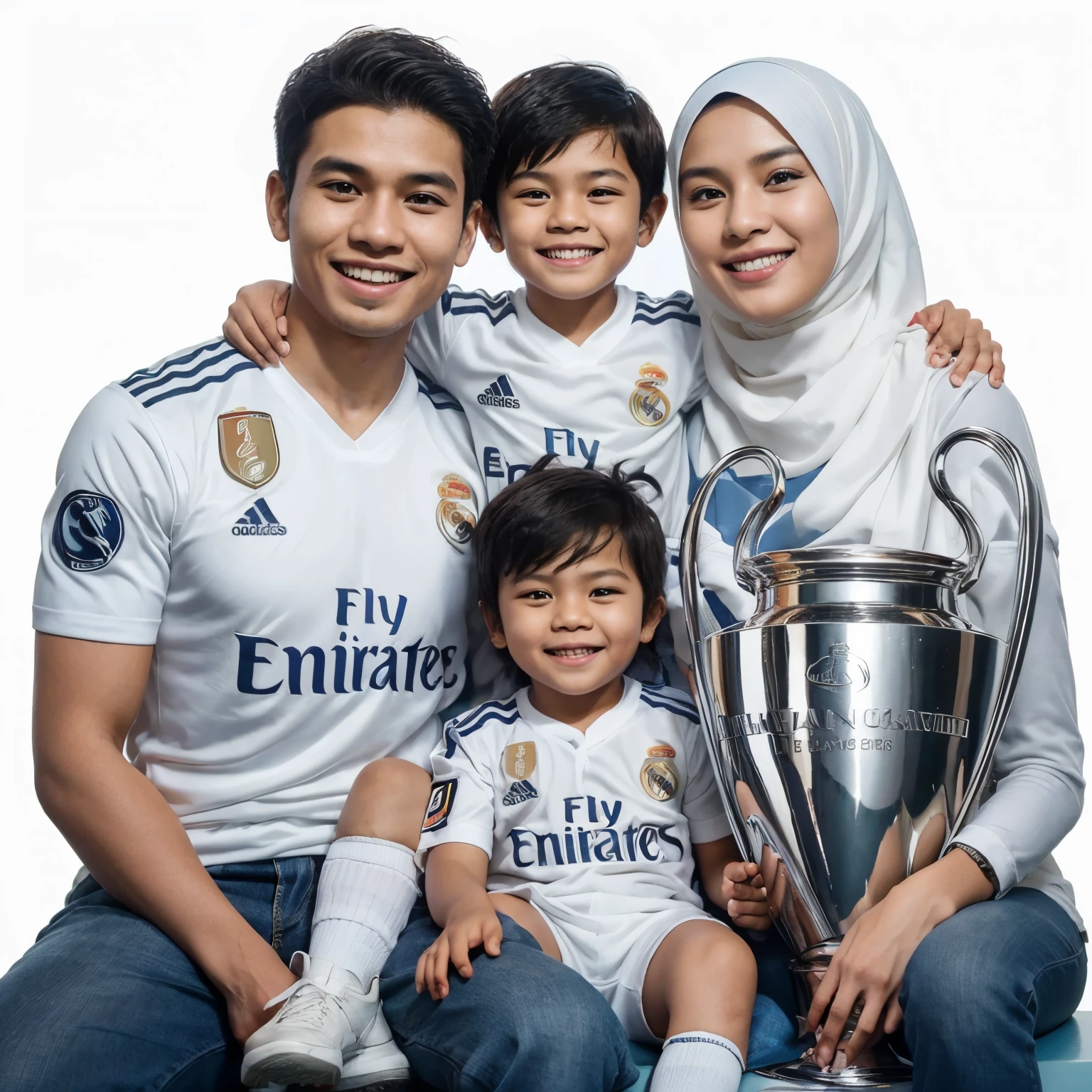 Photo of a family of 4 Indonesian people smiling,A 20 year old man wearing a white Real Madrid jersey, a 20 year old woman wearing a hijab that matches the white Real Madrid jersey is holding the Champion league cup,A 1 year old boy with short hair wearing a white Real Madrid Jersey, a 10 year old boy wearing a white Real Madrid Jersey