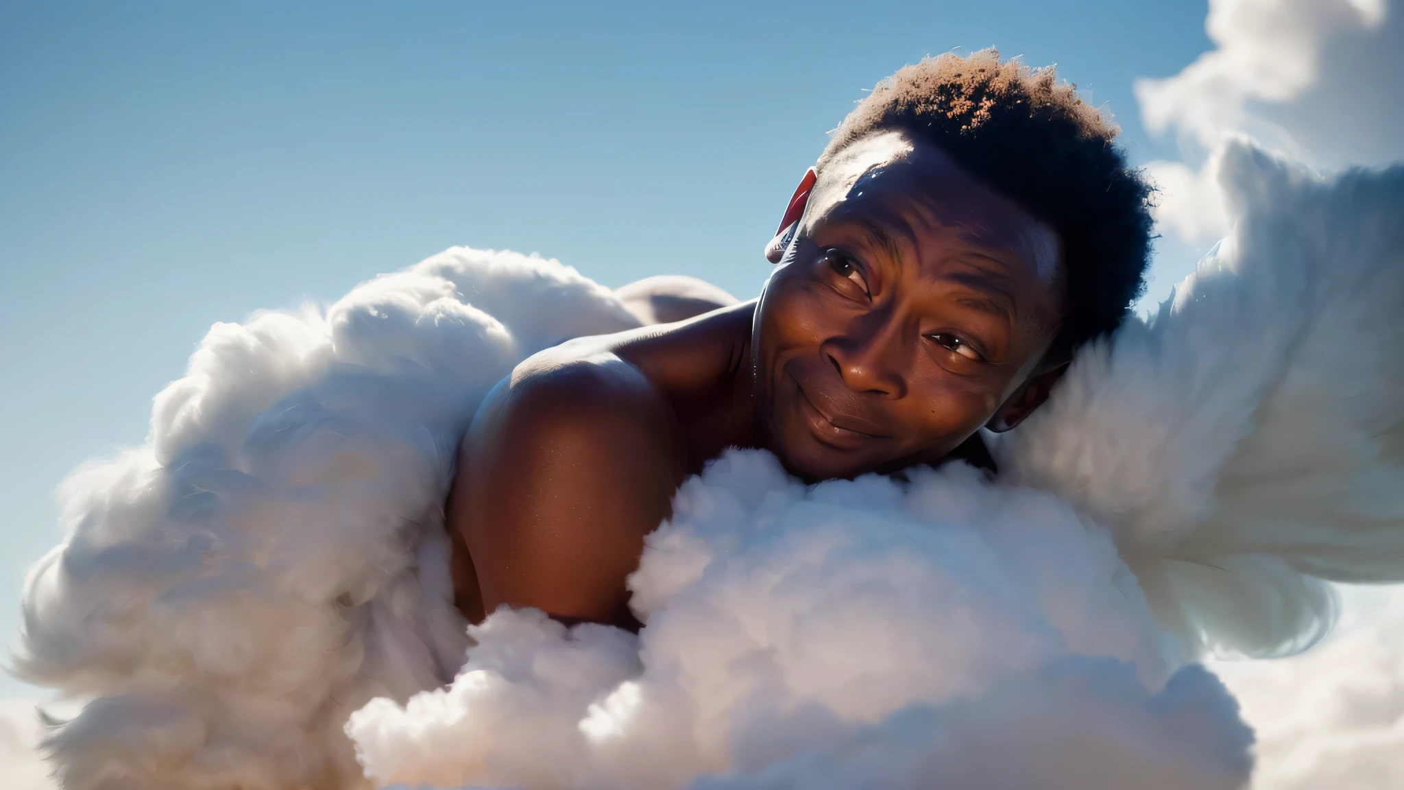 ((Soccer legend Pele, transformed into a cupid, lies gracefully amongst soft, fluffy clouds of cotton. His cherubic form radiates gentleness and love with his big, feathery wings stretched out. The scene is brought to life through a digital painting, meticulously crafted on ArtStation. Soft focus enhances the dreamlike atmosphere, while sharp details add character to the illustration. Pele's expression remains serene as he takes a gentle pause from his celestial duties. This masterpiece, rendered in high resolution, captures the essence of romance and soccer in perfect harmony.))