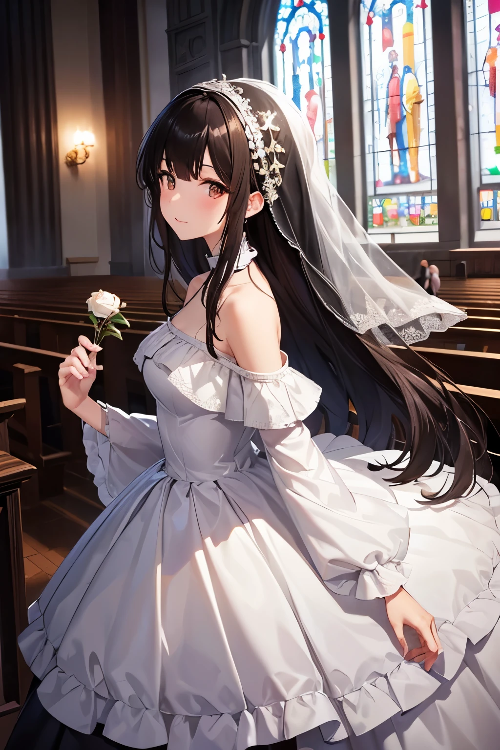 best quality、brown eyes、Slender、tall、8k、girl, highres,black hair、long hair、white wedding dress、church、off shoulder