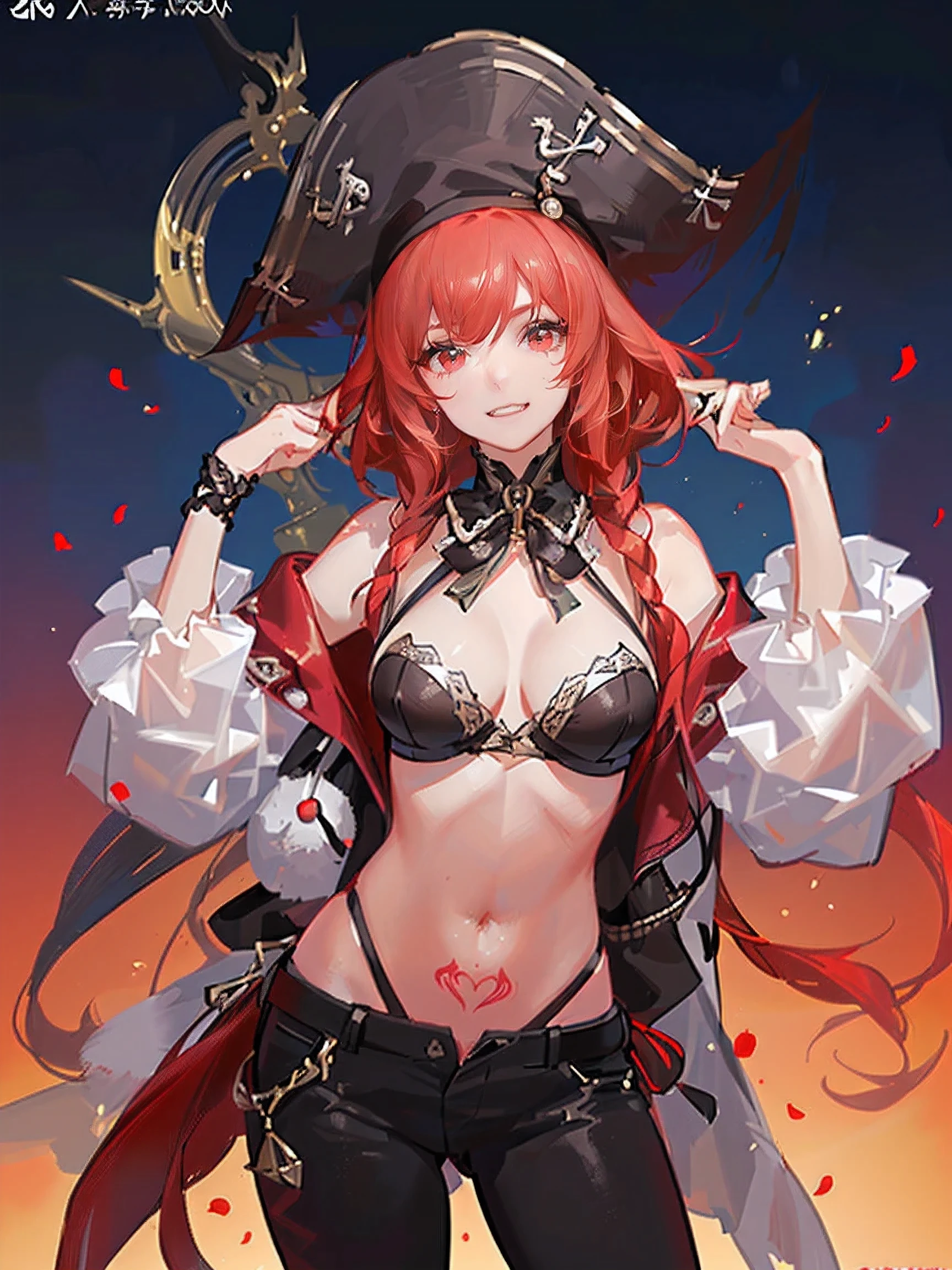 expensive, long red hair, red eyes, (delicate and beautiful features),(carefully drawn eyes,detailed pupil),wolf ears, wolf tail, smile, teeth, Open fuselage, tattoo, pirate hat, Pirate Pants, anchor, 8k, hd, Excellent in every detail、bust shot、8K、 (masterpiece、highest quality、super fine)