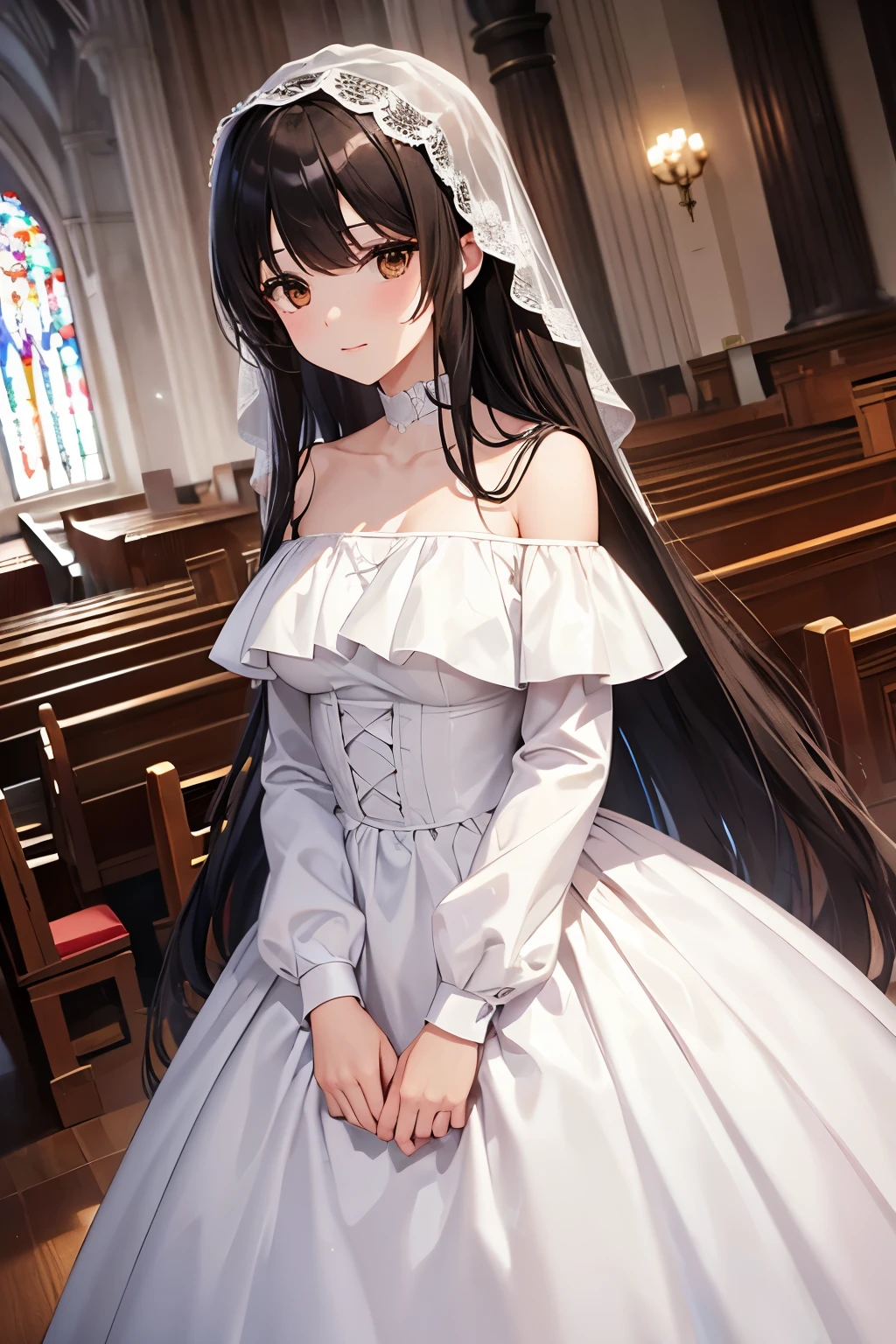 best quality、brown eyes、Slender、tall、8k、girl, highres,black hair、long hair、white wedding dress、church、off shoulder