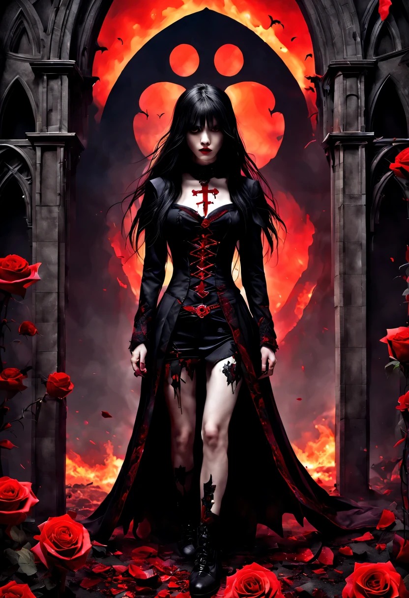 （Messenger from hell：1.4），cross，one个巨大的吸Blood鬼，View of sickle from below，hell，magma，flame，（紫色flame：1.3），There is fresh Blood on the ground，Blood pool，dripping Blood，Gothic aesthetics，one、Rose、castle、cross、Blood、churchyard，gothic style的神秘、solemn and profound，gothic style，gothic style蕾丝的衣服、象征浪漫的Rose、grave、吸Blood鬼、witch、ruins、gothic cathedral，Gothic symbols series