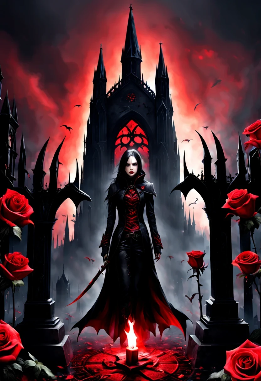 （Messenger from hell：1.4），cross，one个巨大的吸Blood鬼，View of sickle from below，hell，magma，flame，（紫色flame：1.3），There is fresh Blood on the ground，Blood pool，dripping Blood，Gothic aesthetics，one、Rose、castle、cross、Blood、churchyard，gothic style的神秘、solemn and profound，gothic style，gothic style蕾丝的衣服、象征浪漫的Rose、grave、吸Blood鬼、witch、ruins、gothic cathedral，Gothic symbols series