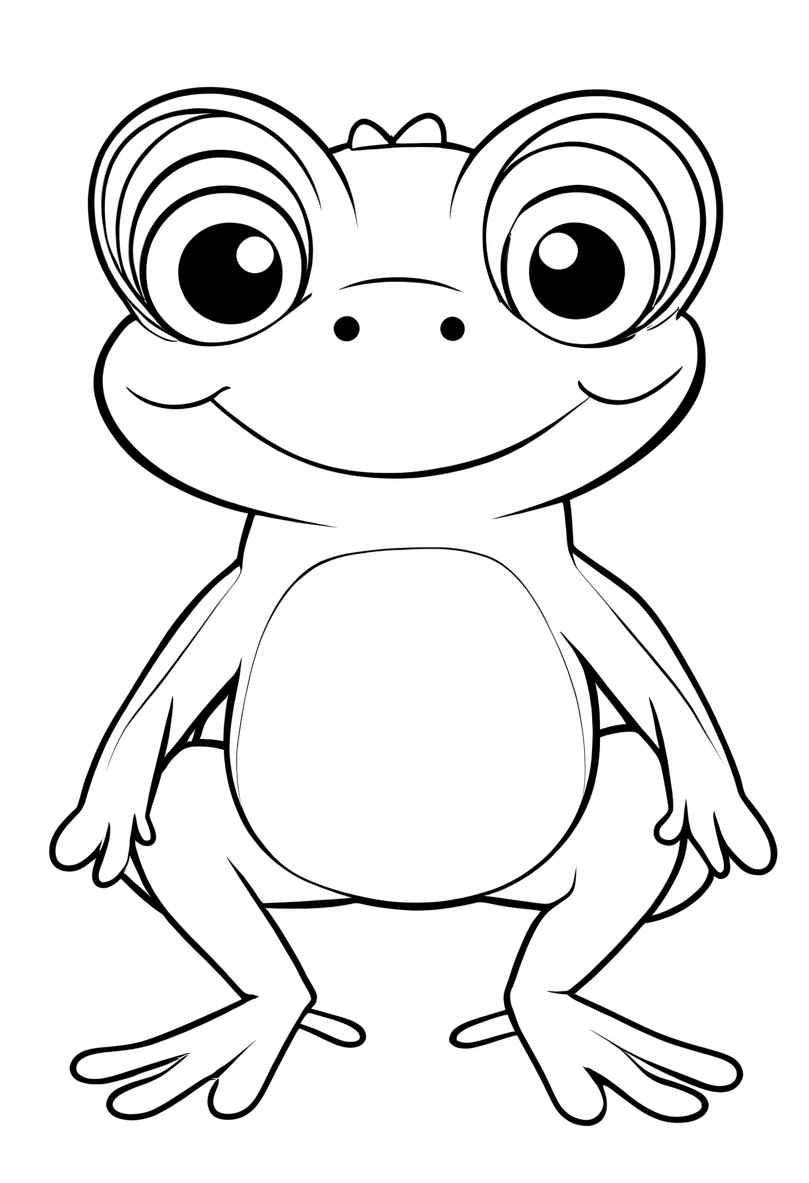 create a friendly Frog character with smiling face, outline art With white, White background, Sketch Style, full body, Only use outline, Cartoon style, Clean and clear and well outlined, Ensure the Frog has smooth And inviting appearance, And keep the design Minimalistic For easy coloring. The goal is To make it appealing And approachable For children aged 2 to 5 In the middle of their Artistic journey, Made it black and white