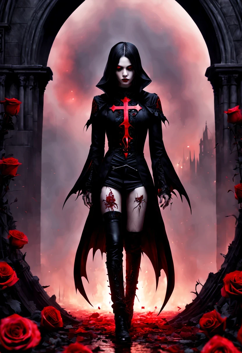 (Messenger from hell:1.4),cross,one个巨大的吸Blood鬼,View of sickle from below,hell,magma,flame,(紫色flame:1.3),There is fresh Blood on the ground,Blood pool,dripping Blood,Gothic aesthetics,one、Rose、castle、cross、Blood、churchyard,gothic style的神秘、solemn and profound,gothic style,gothic style蕾丝的衣服、象征浪漫的Rose、grave、吸Blood鬼、witch、ruins、gothic cathedral,Gothic symbols series